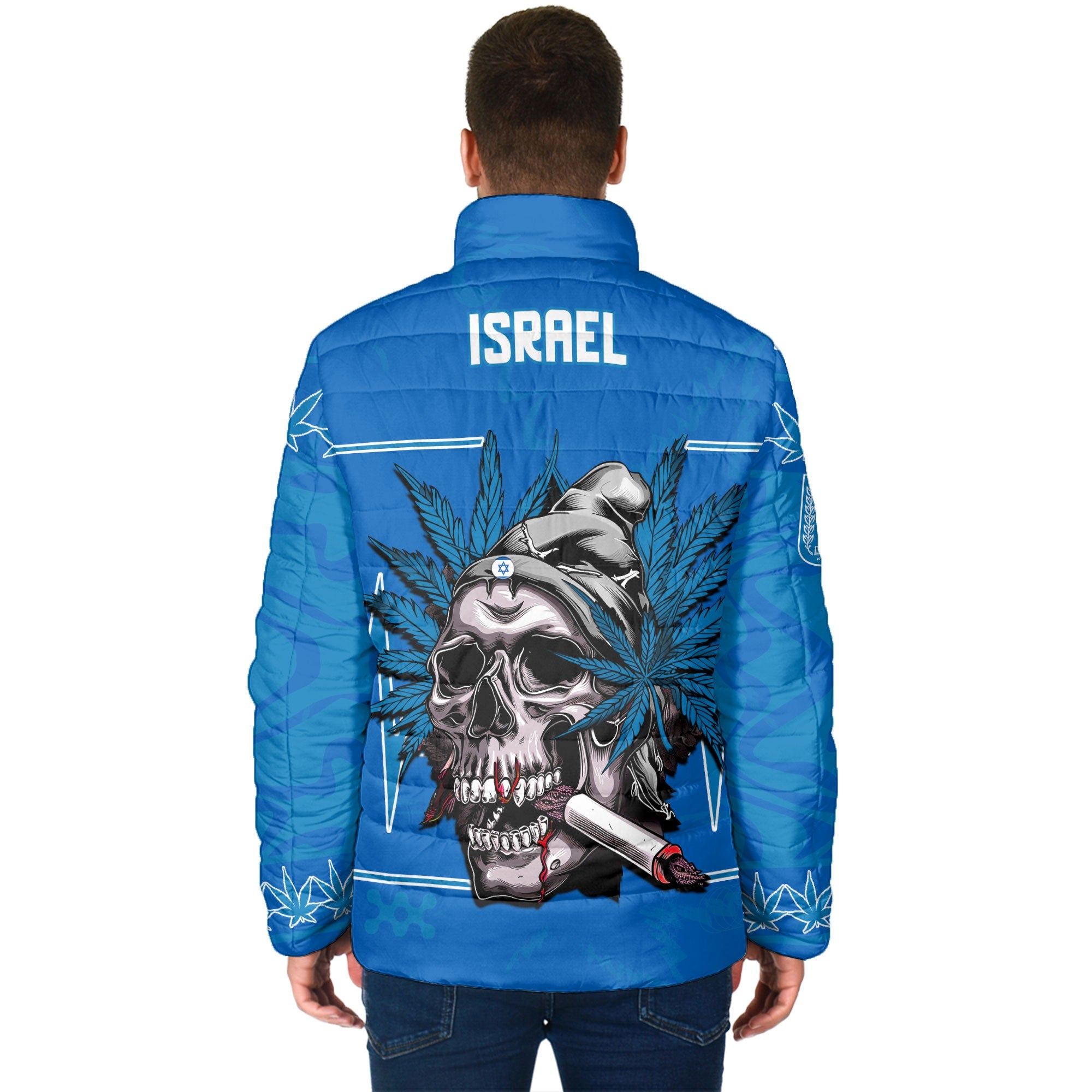 Israel Men Padded Jacket Flag & Coat Of Arms Marijuanas Style