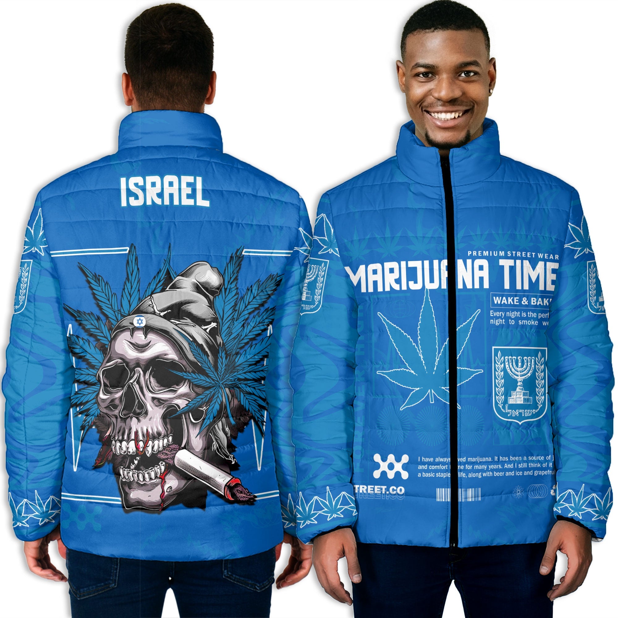 Israel Men Padded Jacket Flag & Coat Of Arms Marijuanas Style