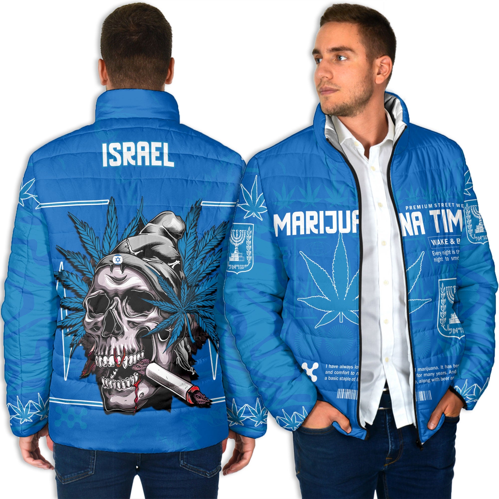 Israel Men Padded Jacket Flag & Coat Of Arms Marijuanas Style