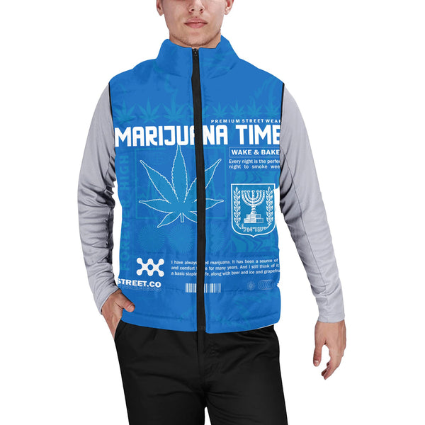 Israel Men Padded Jacket Vest Flag & Coat Of Arms Marijuanas Style