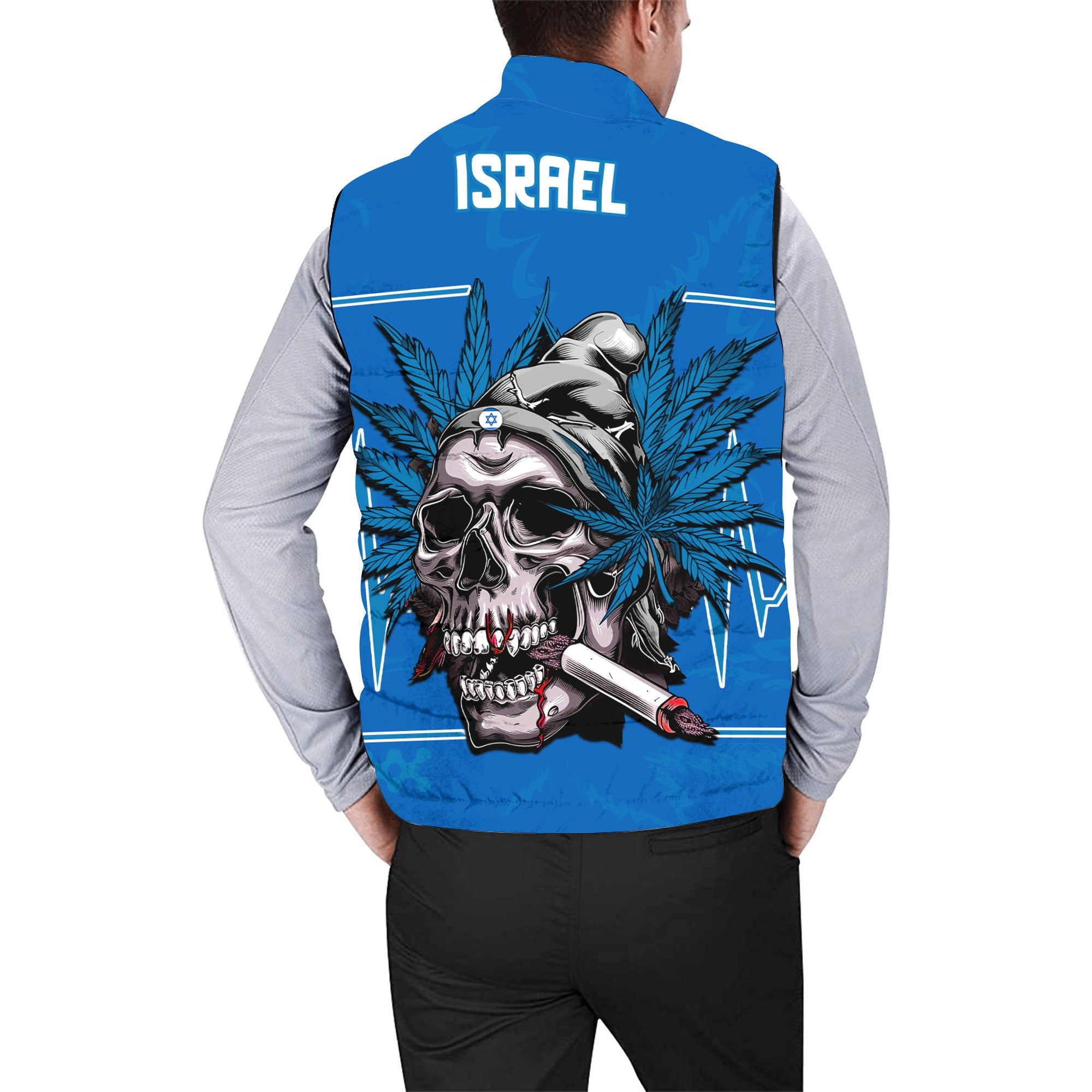 Israel Men Padded Jacket Vest Flag & Coat Of Arms Marijuanas Style