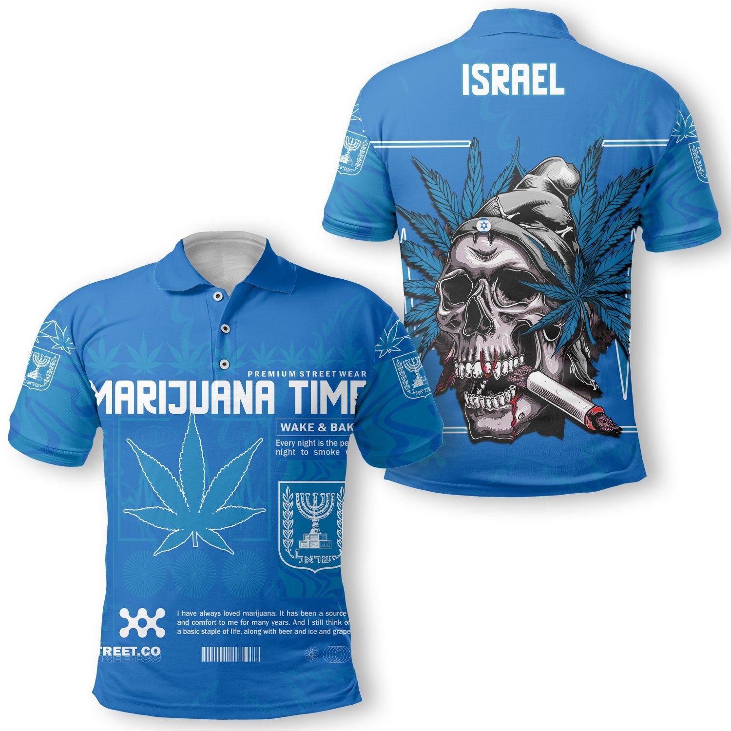 Israel Polo Shirt Flag & Coat Of Arms Marijuanas Style