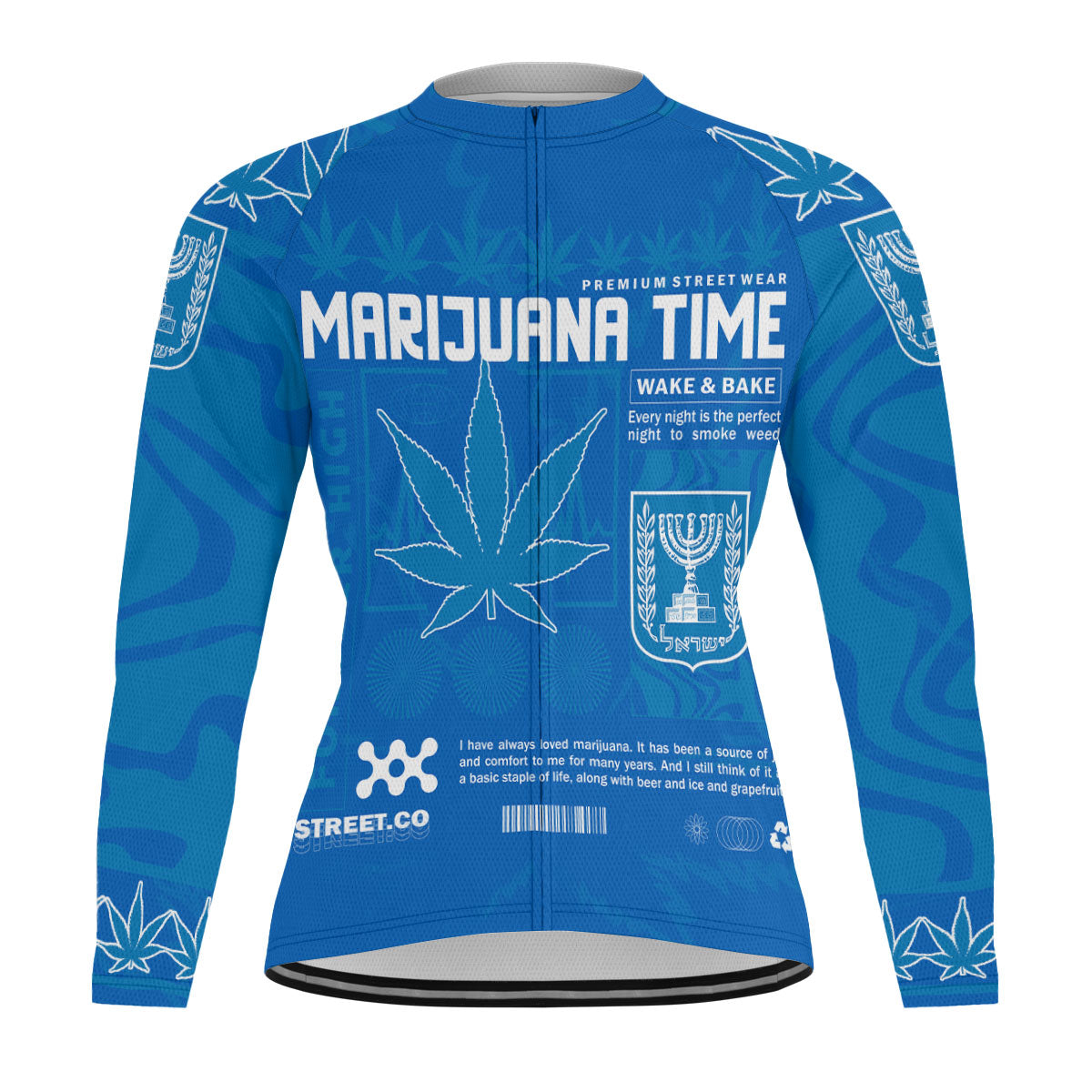 Israel Men's Cycling Jersey Long Sleeve Flag & Coat Of Arms Marijuanas Style