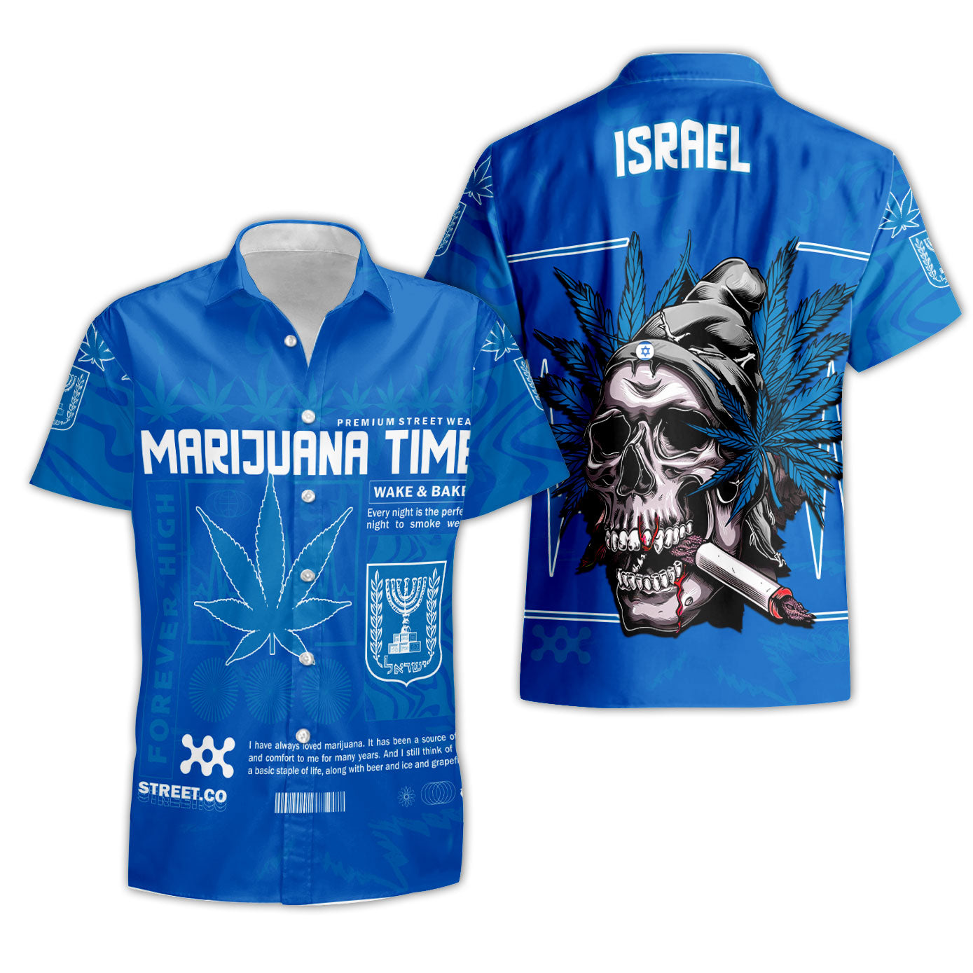 Israel Short Sleeve Shirt Flag & Coat Of Arms Marijuanas Style