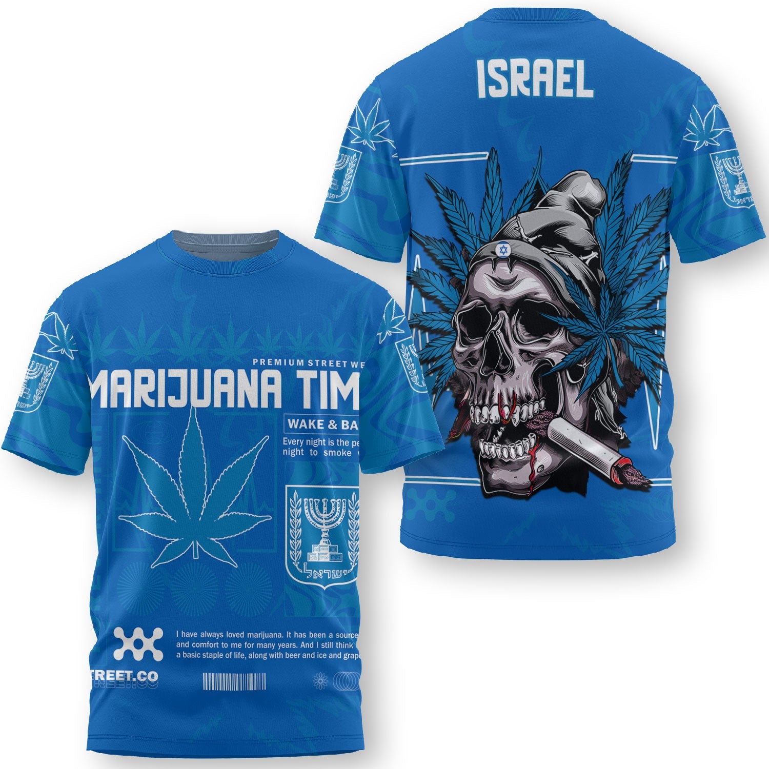 Israel T Shirt Flag & Coat Of Arms Marijuanas Style