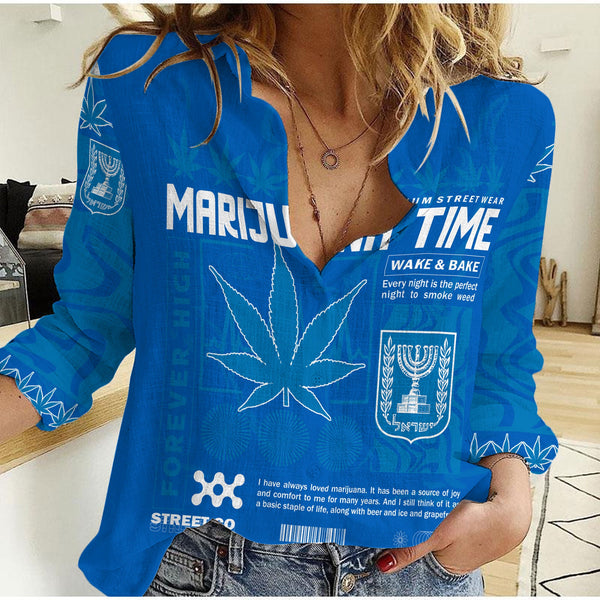 Israel Women Casual Shirt Flag & Coat Of Arms Marijuanas Style