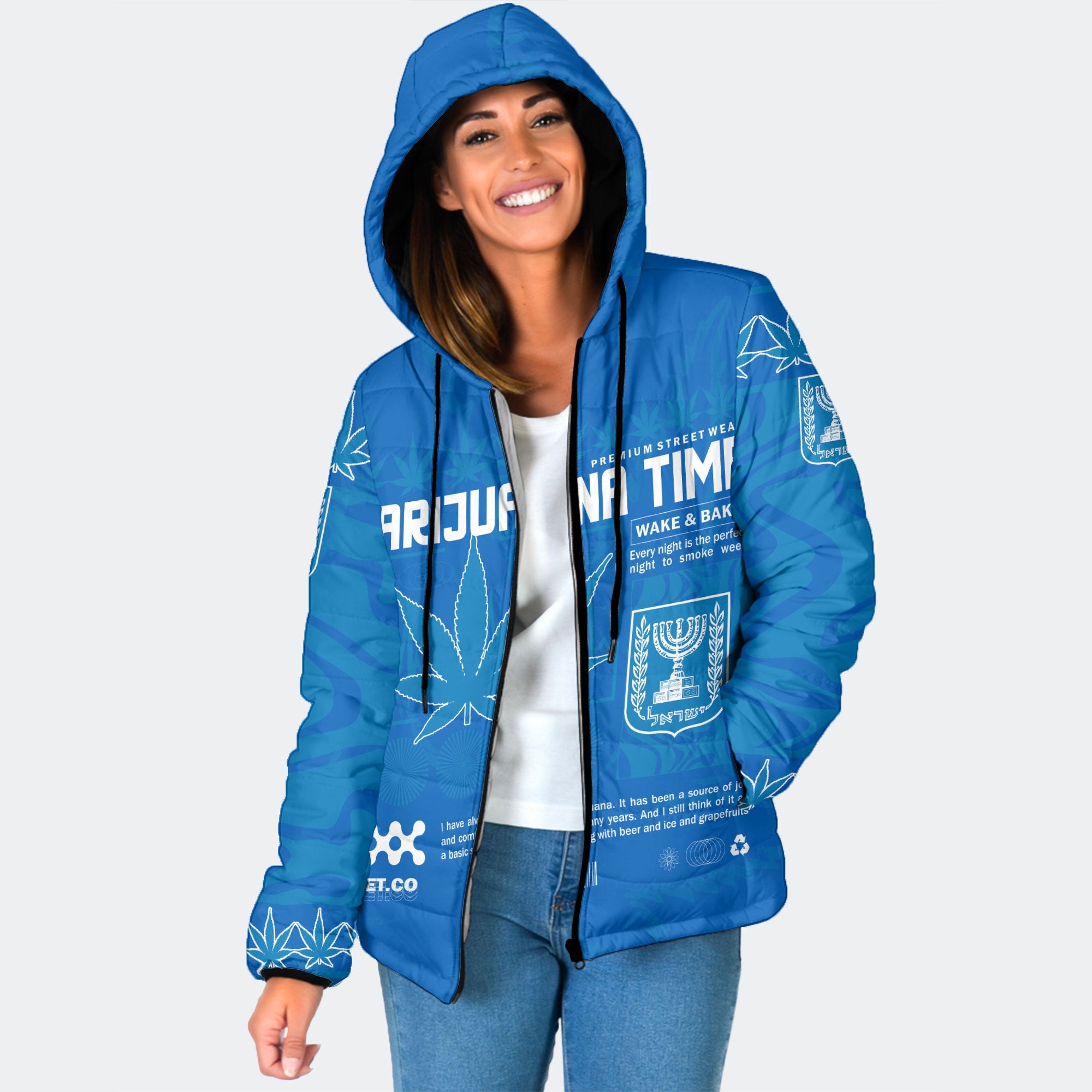 Israel Women Hooded Padded Jacket Flag & Coat Of Arms Marijuanas Style