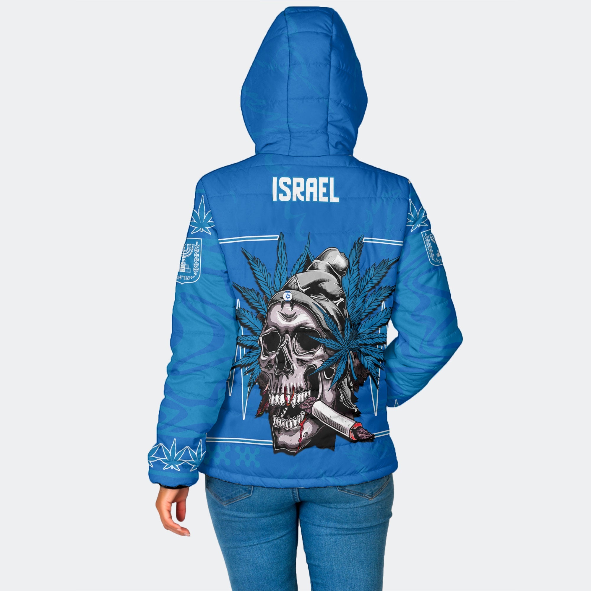 Israel Women Hooded Padded Jacket Flag & Coat Of Arms Marijuanas Style