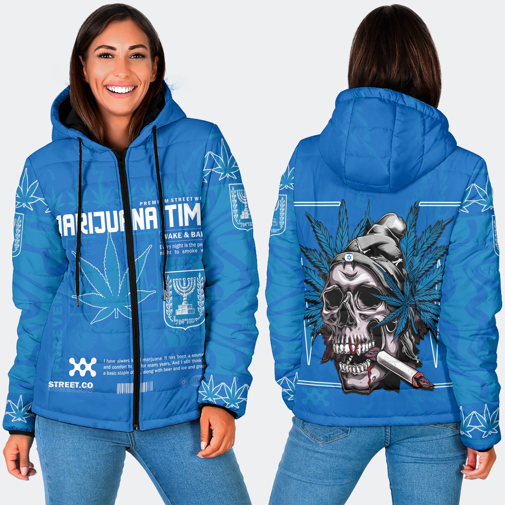 Israel Women Hooded Padded Jacket Flag & Coat Of Arms Marijuanas Style