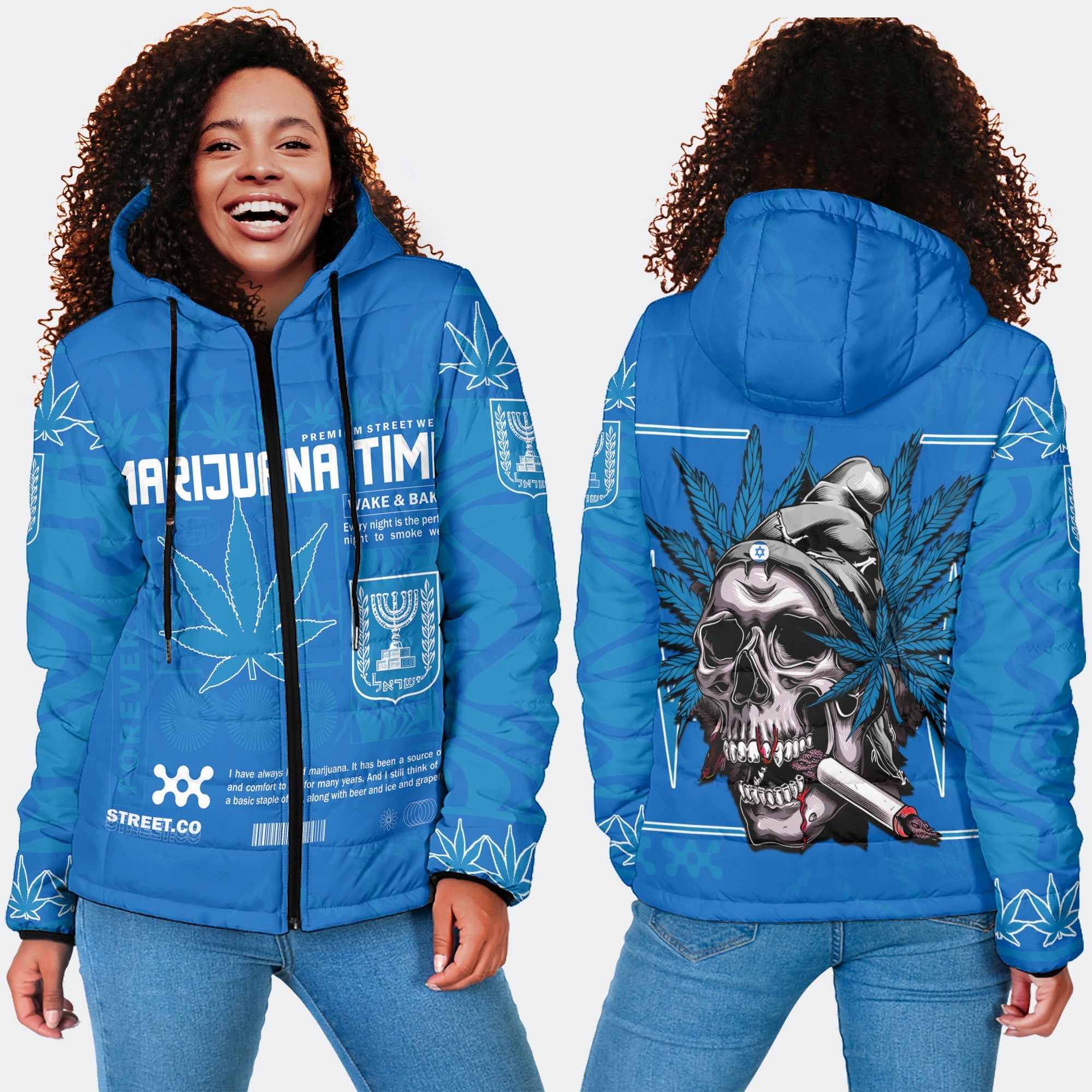 Israel Women Hooded Padded Jacket Flag & Coat Of Arms Marijuanas Style