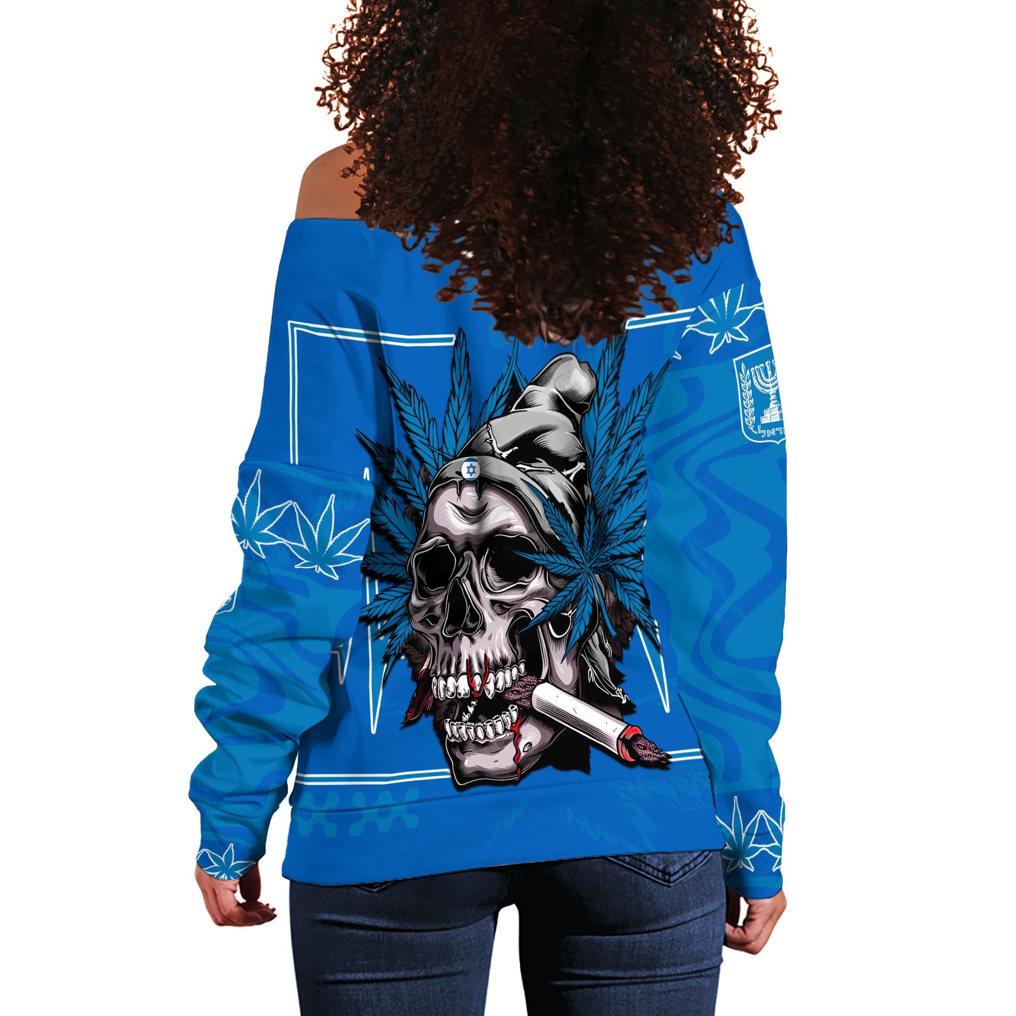 Israel Women Off Shoulder Sweatshirt Flag & Coat Of Arms Marijuanas Style