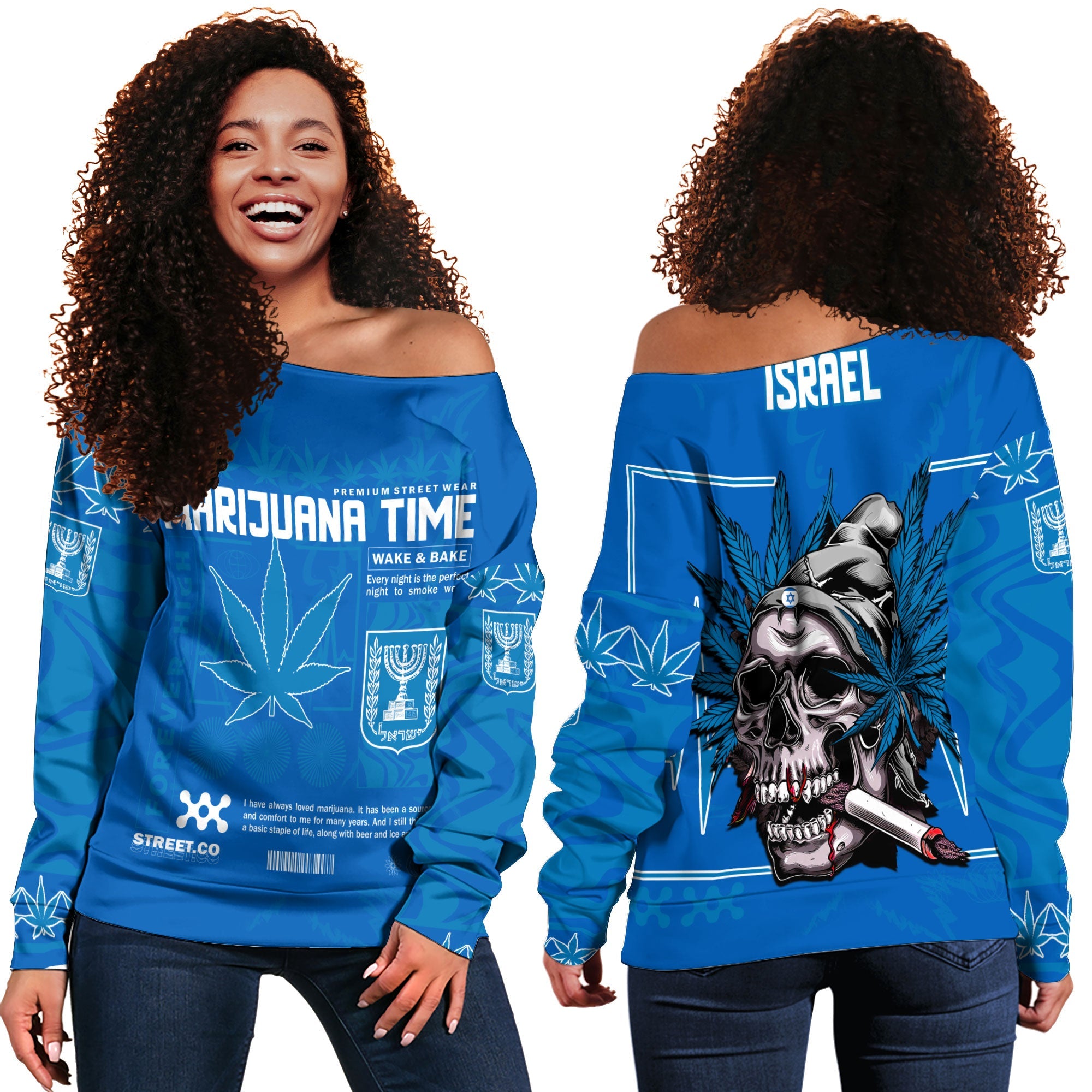 Israel Women Off Shoulder Sweatshirt Flag & Coat Of Arms Marijuanas Style