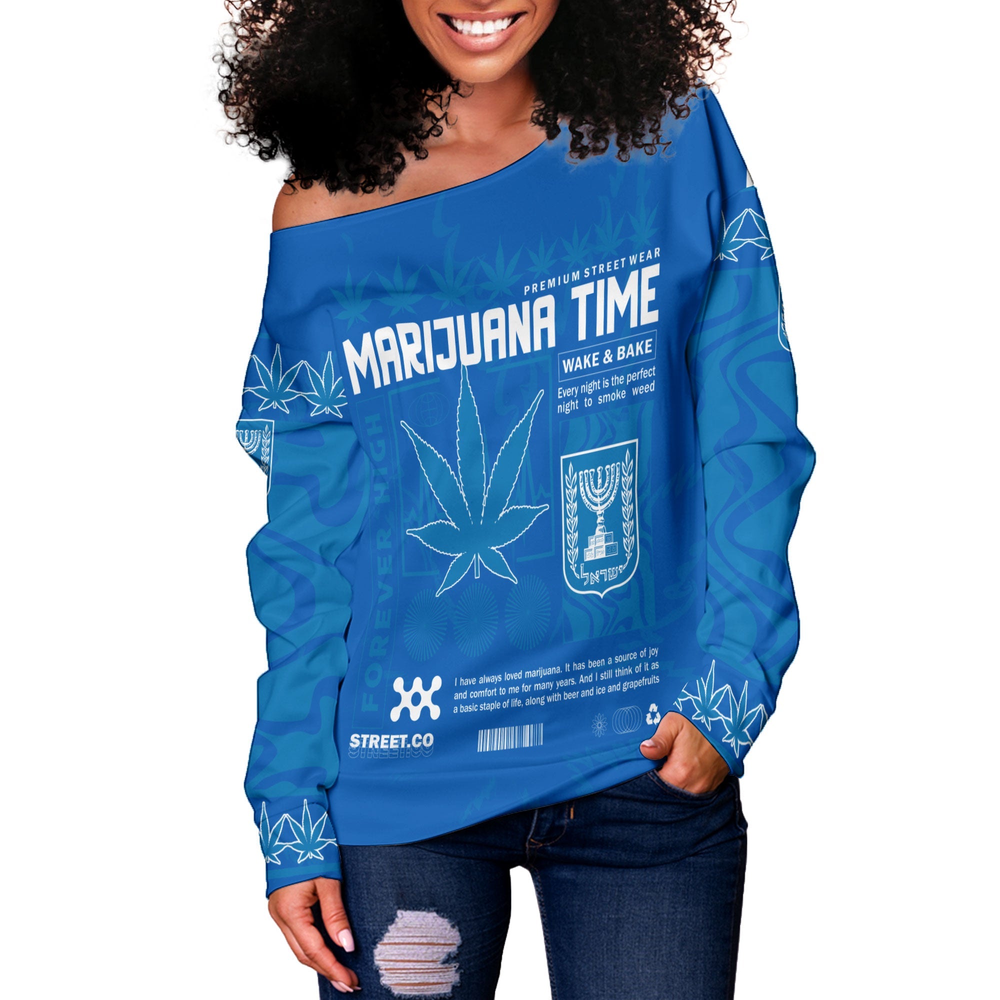 Israel Women Off Shoulder Sweatshirt Flag & Coat Of Arms Marijuanas Style