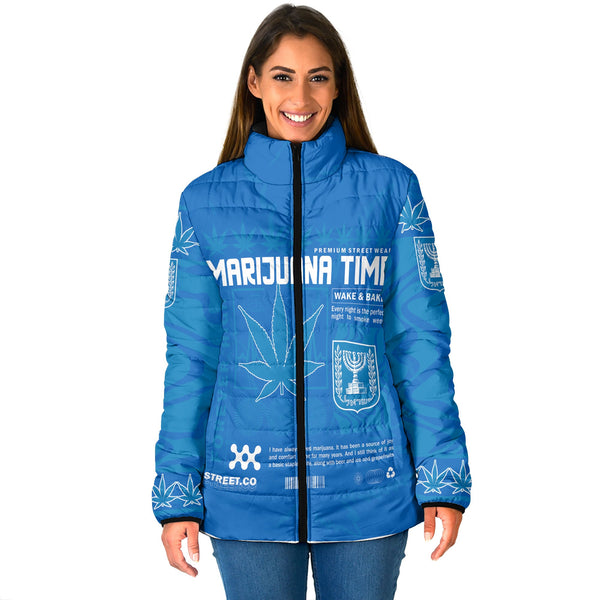 Israel Women Padded Jacket Flag & Coat Of Arms Marijuanas Style