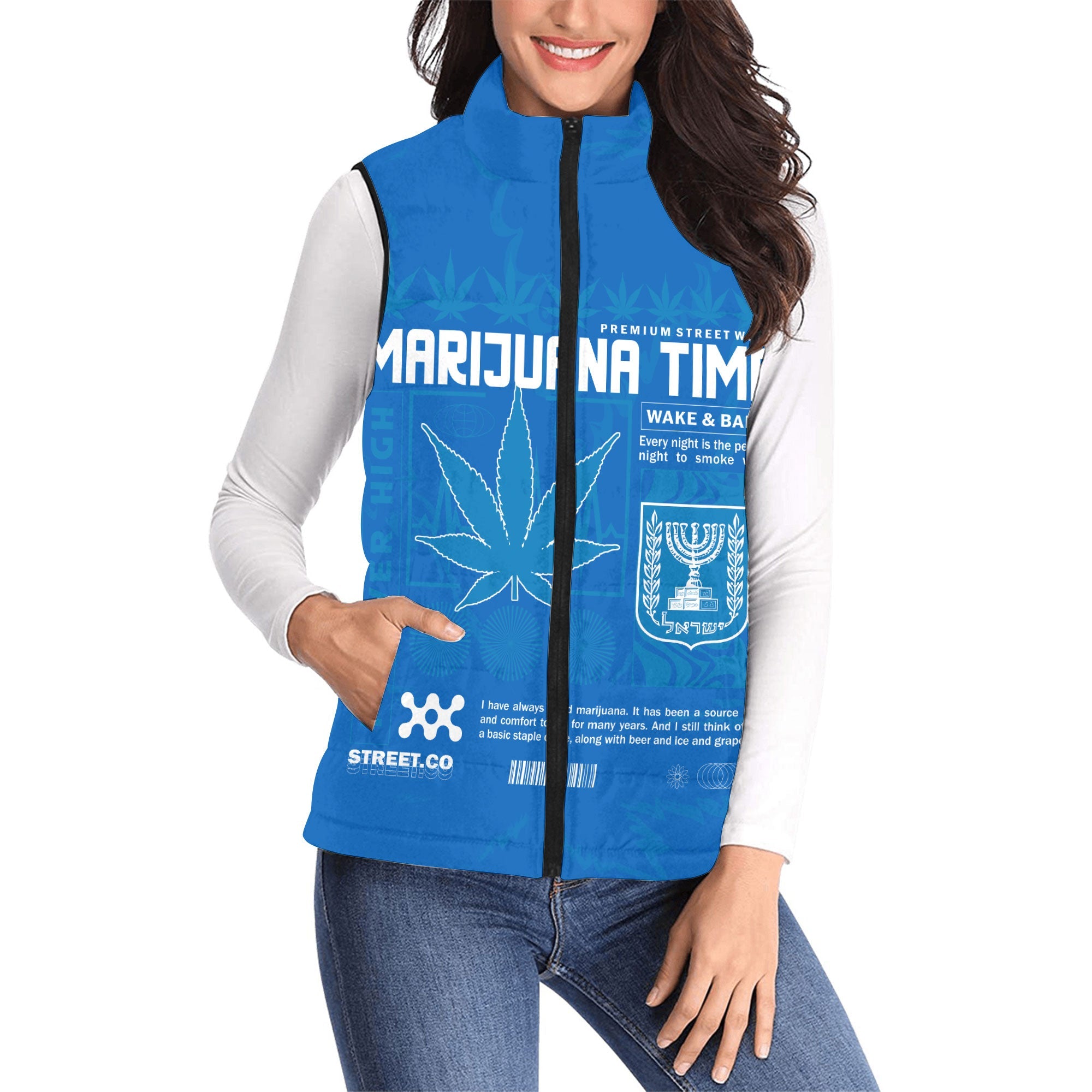 Israel Women Padded Jacket Vest Flag & Coat Of Arms Marijuanas Style