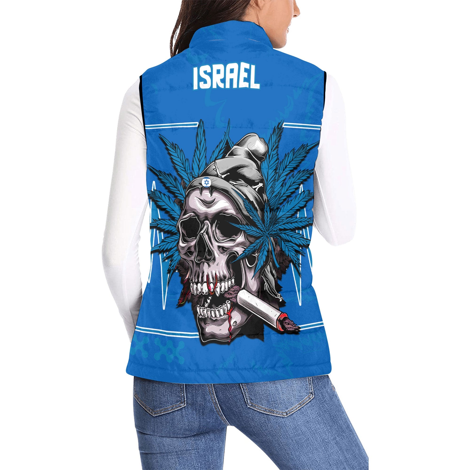 Israel Women Padded Jacket Vest Flag & Coat Of Arms Marijuanas Style