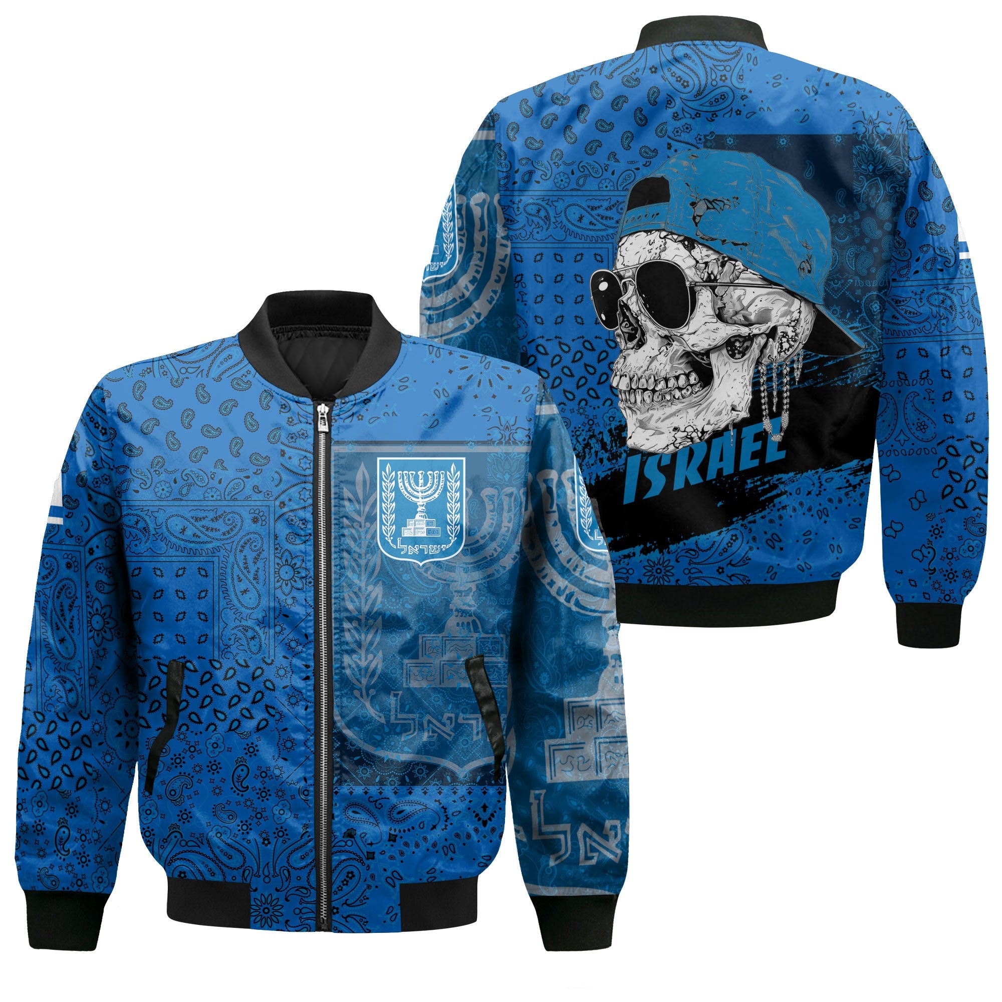 Israel Bomber Jacket Paisley Flag And Skull Style 1