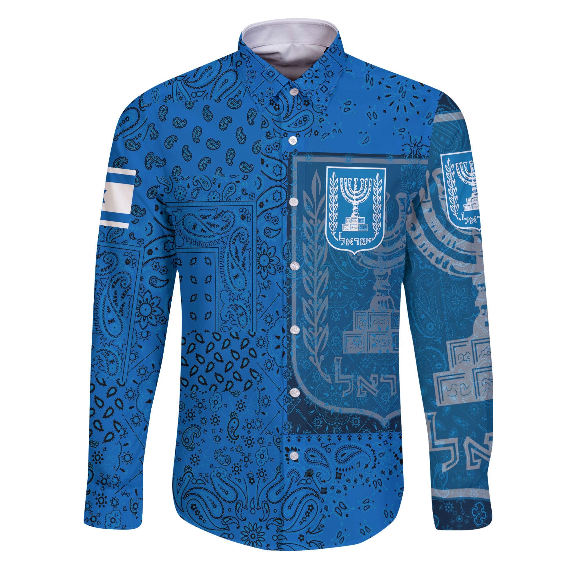 Israel Long Sleeve Button Shirt Paisley Flag And Skull Style 1