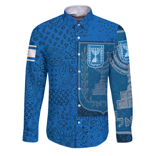 Israel Long Sleeve Button Shirt Paisley Flag And Skull Style 1