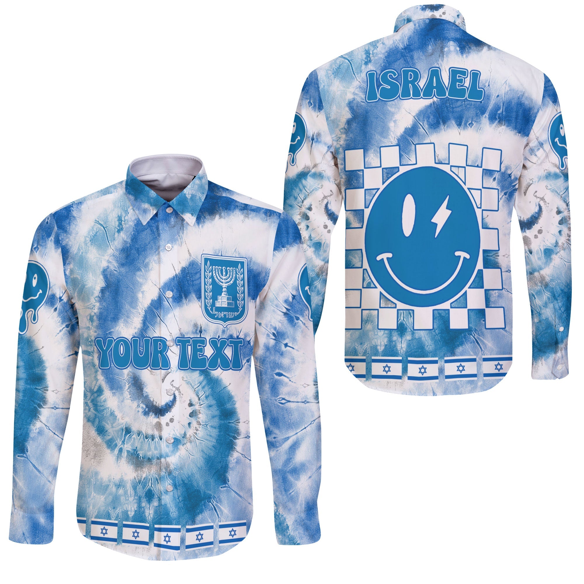 Israel Long Sleeve Button Shirt Custom Tie Dye Style 3