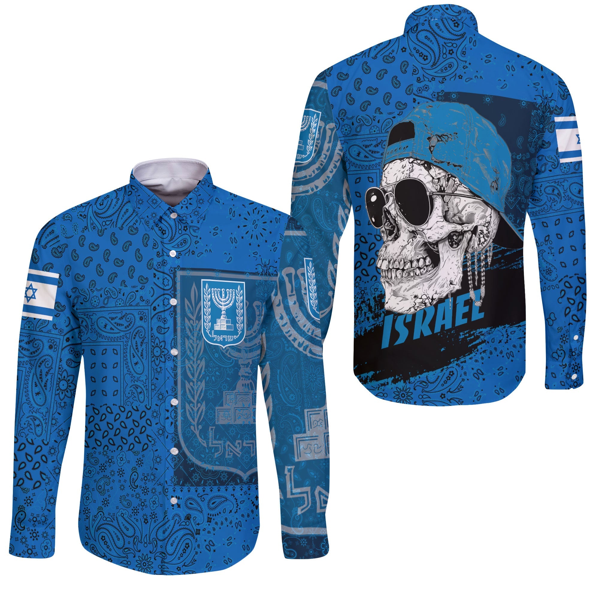 Israel Long Sleeve Button Shirt Paisley Flag And Skull Style 3