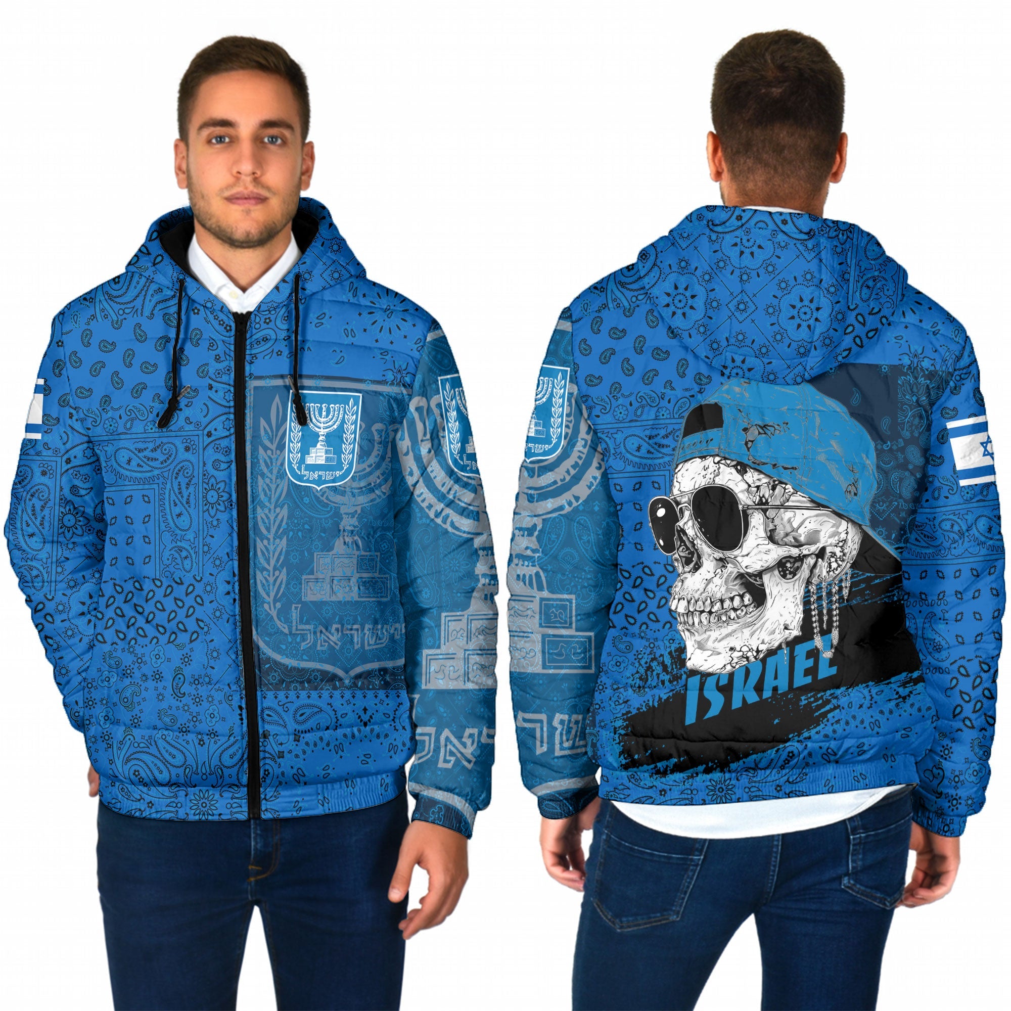 Israel Men Hooded Padded Jacket Paisley Flag And Skull Style 1