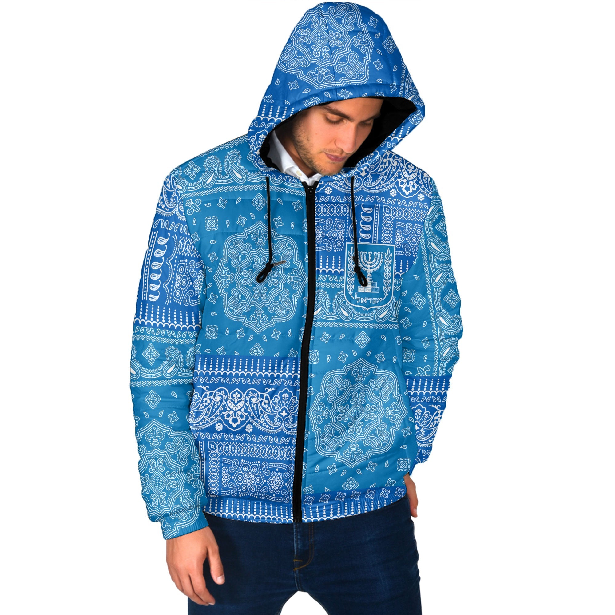 Israel Men Hooded Padded Jacket Flag And Paisley Basic Style 2