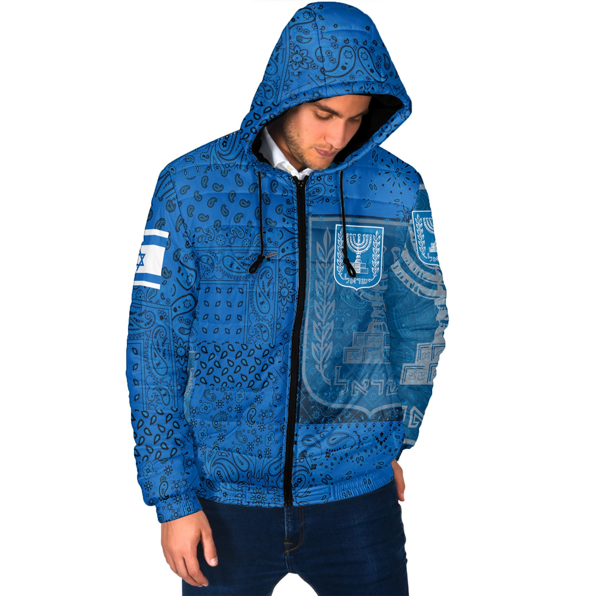 Israel Men Hooded Padded Jacket Paisley Flag And Skull Style 2