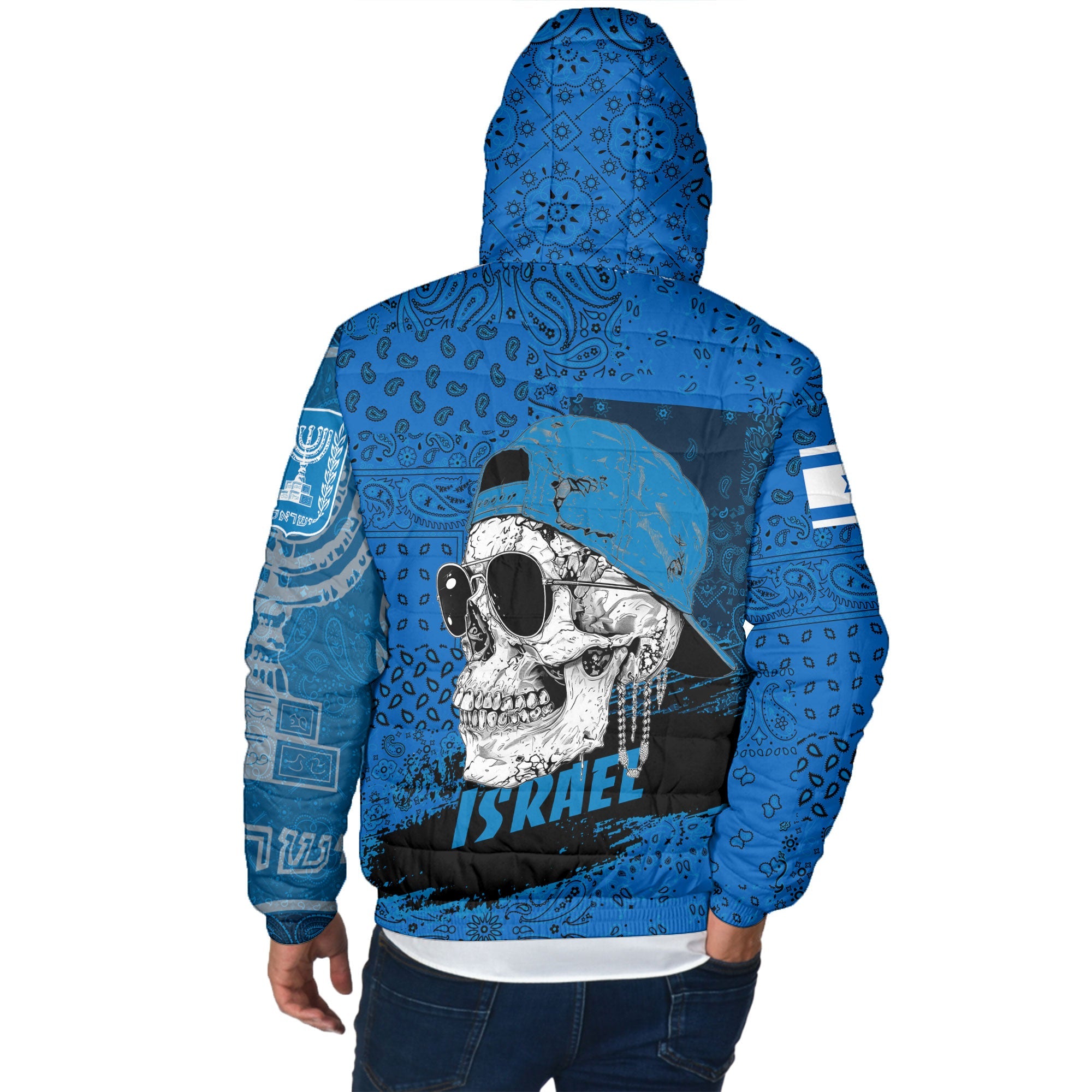 Israel Men Hooded Padded Jacket Paisley Flag And Skull Style 3