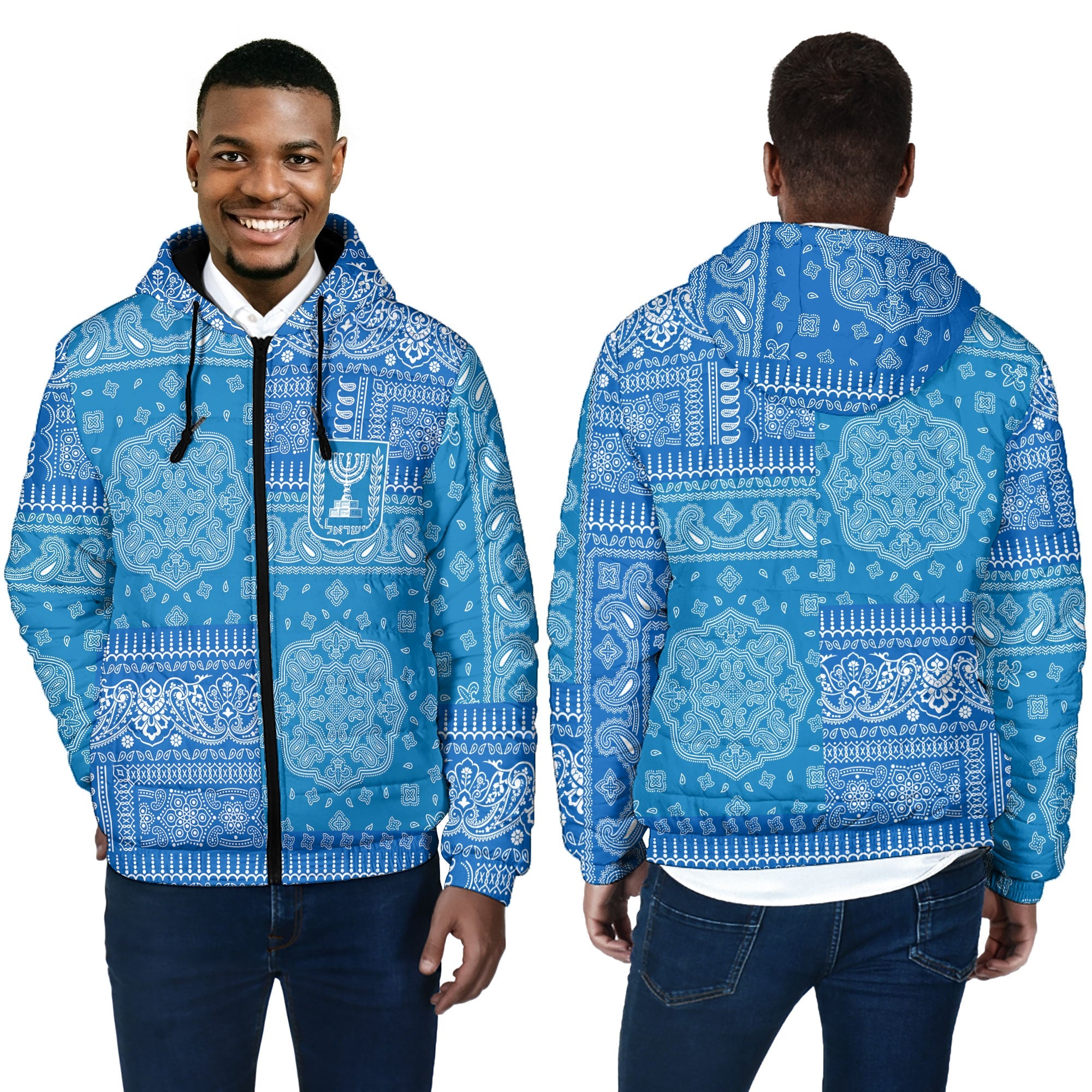 Israel Men Hooded Padded Jacket Flag And Paisley Basic Style 4