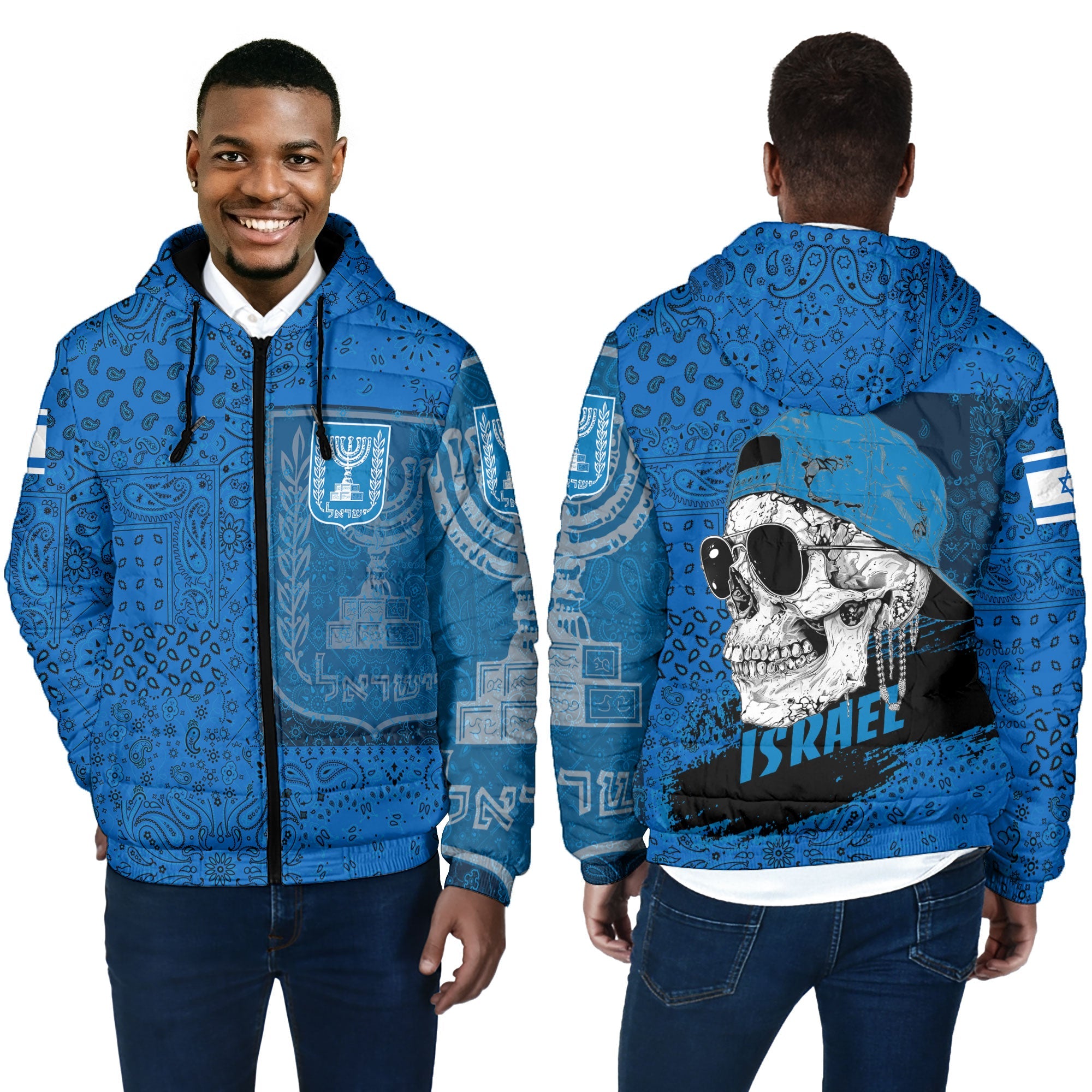 Israel Men Hooded Padded Jacket Paisley Flag And Skull Style 4