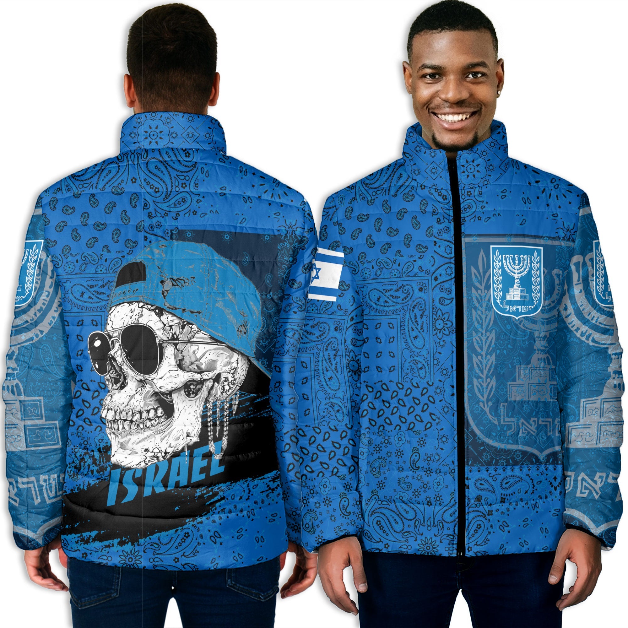 Israel Men Padded Jacket Paisley Flag And Skull Style 3