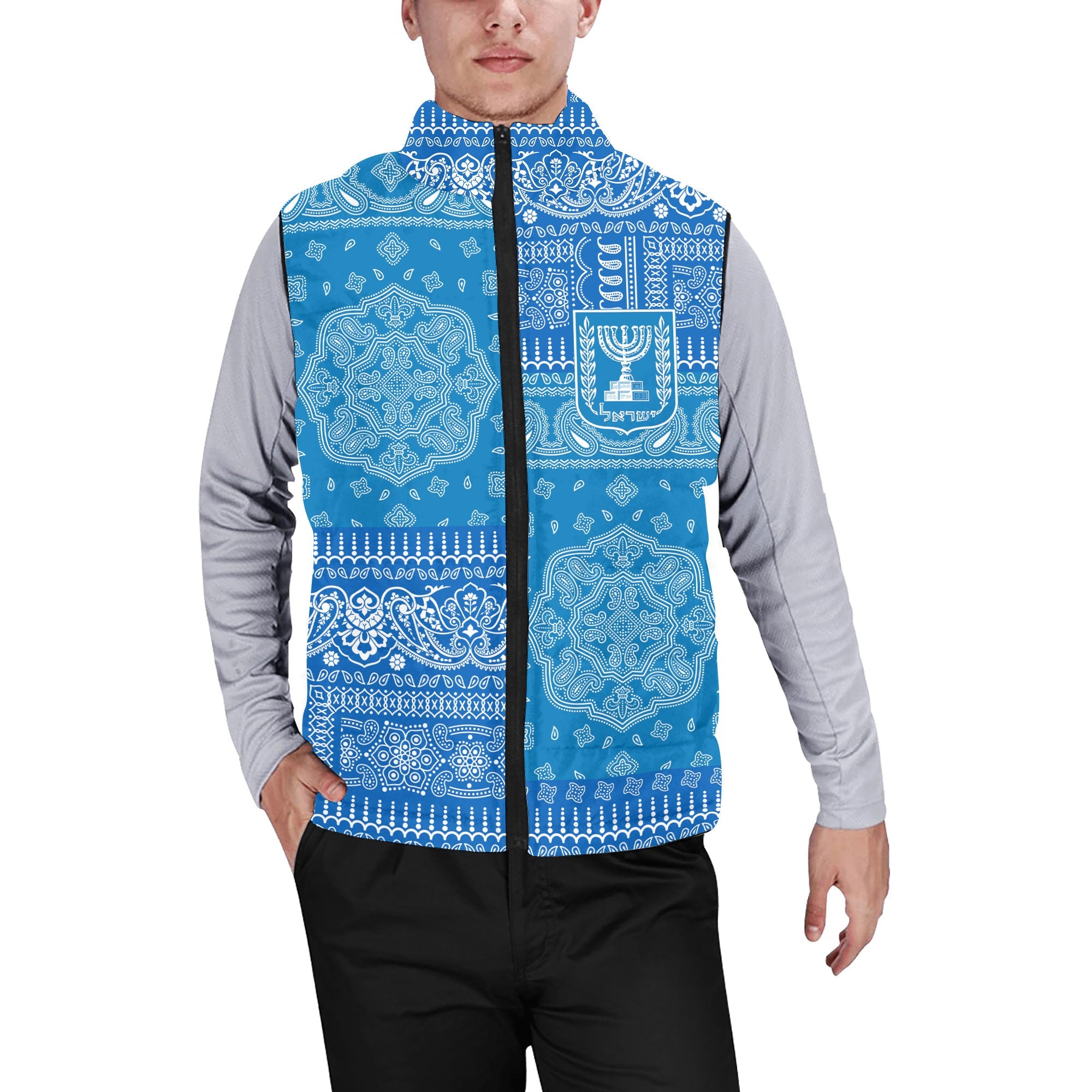 Israel Men Padded Jacket Vest Flag And Paisley Basic Style 1