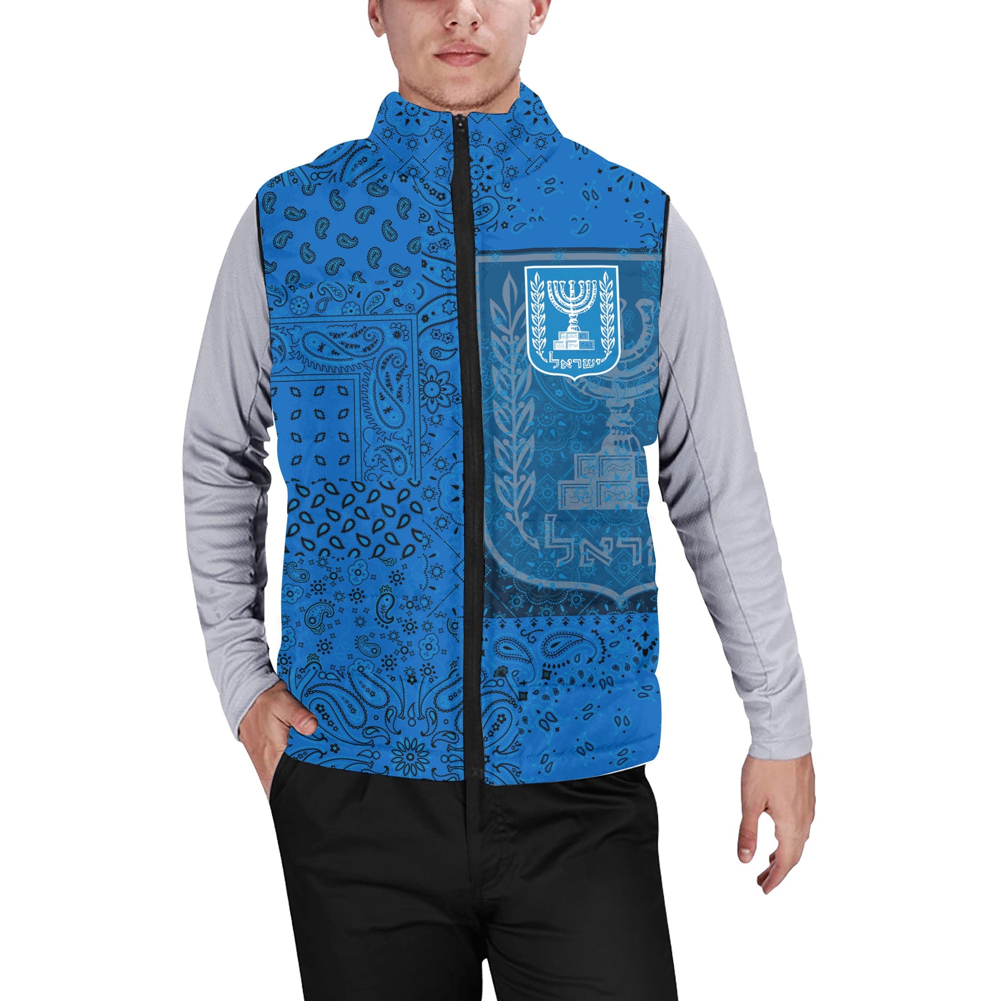 Israel Men Padded Jacket Vest Paisley Flag And Skull Style 1