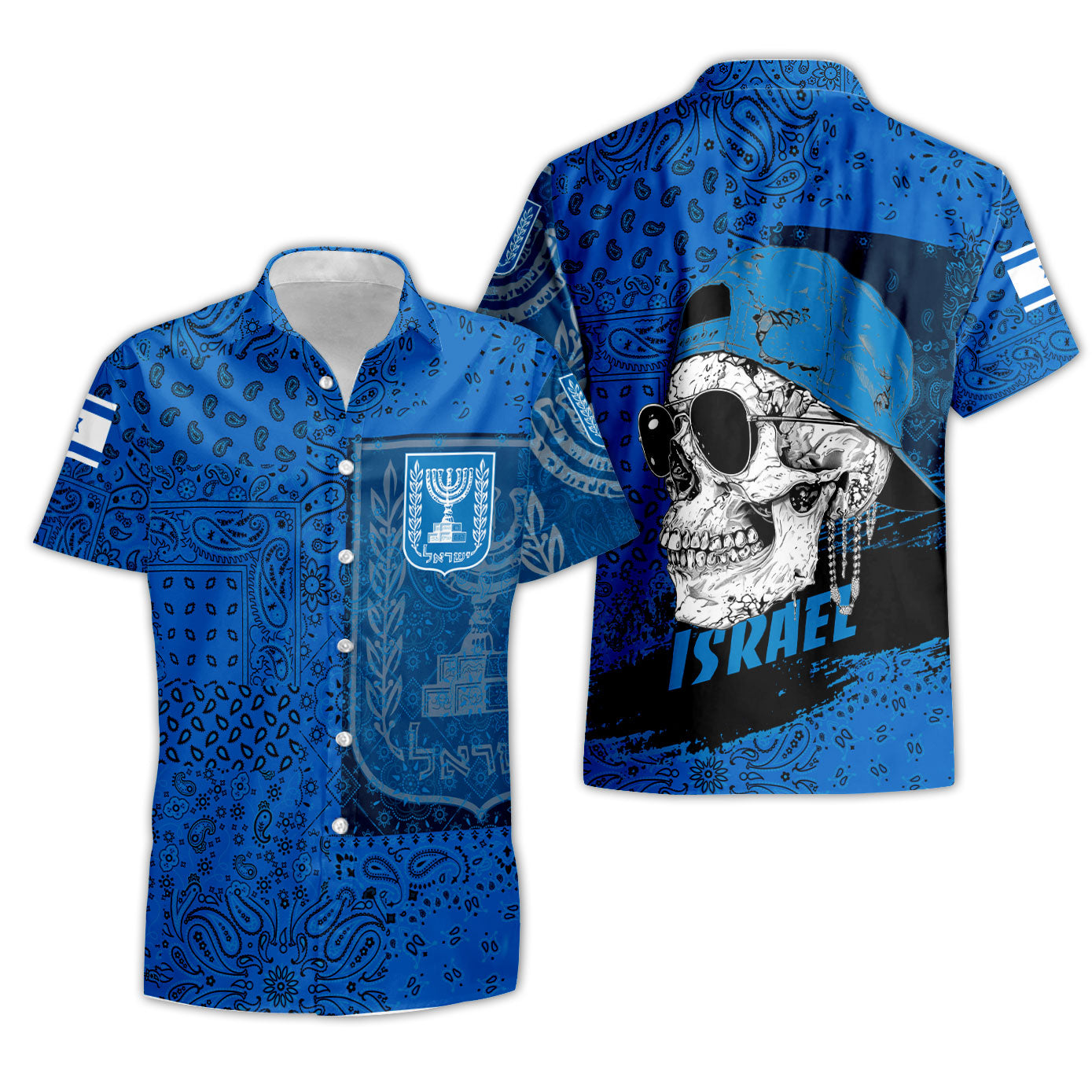 Israel Short Sleeve Shirt Paisley Flag And Skull Style 3