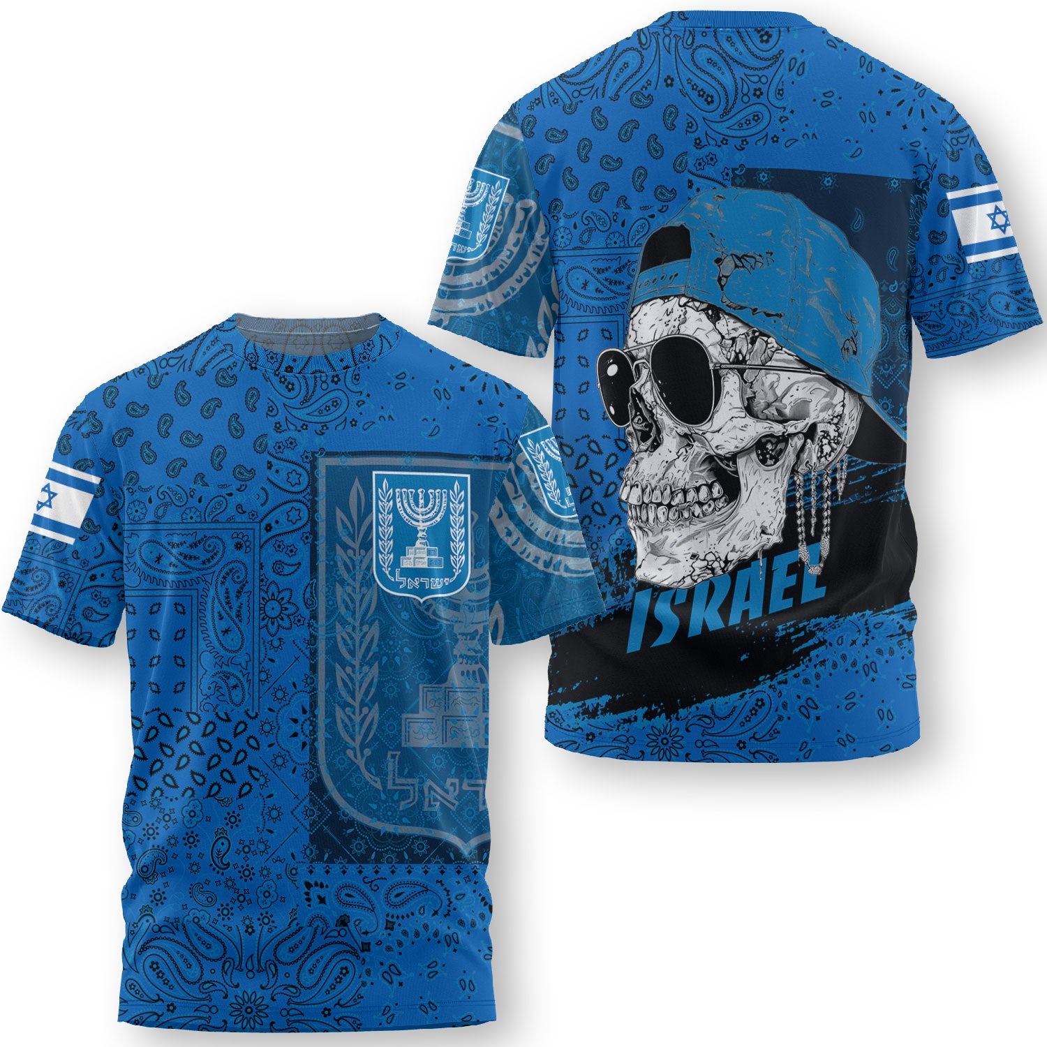 Israel T Shirt Paisley Flag And Skull Style 3