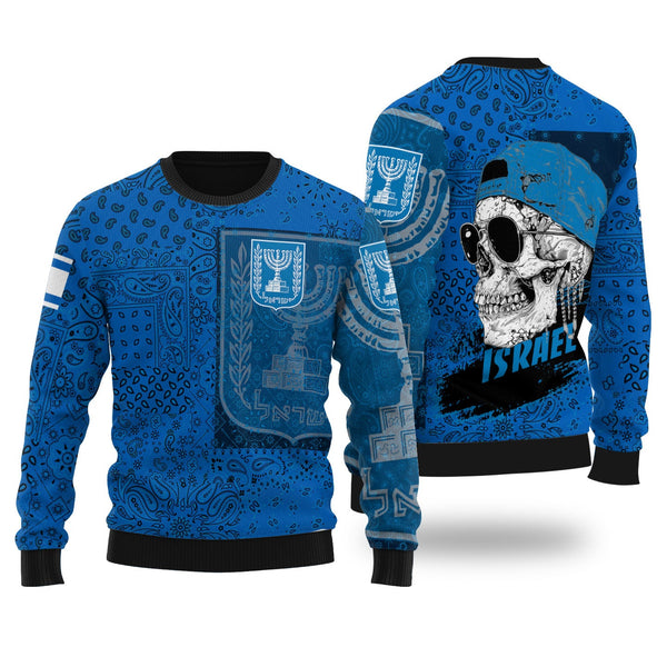 Israel Ugly Sweater Paisley Flag And Skull Style 1