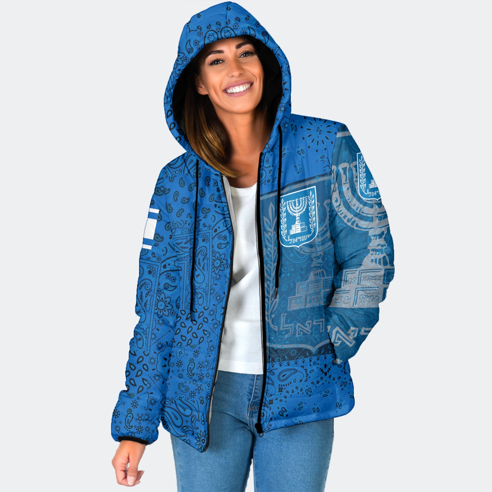 Israel Women Hooded Padded Jacket Paisley Flag And Skull Style 1