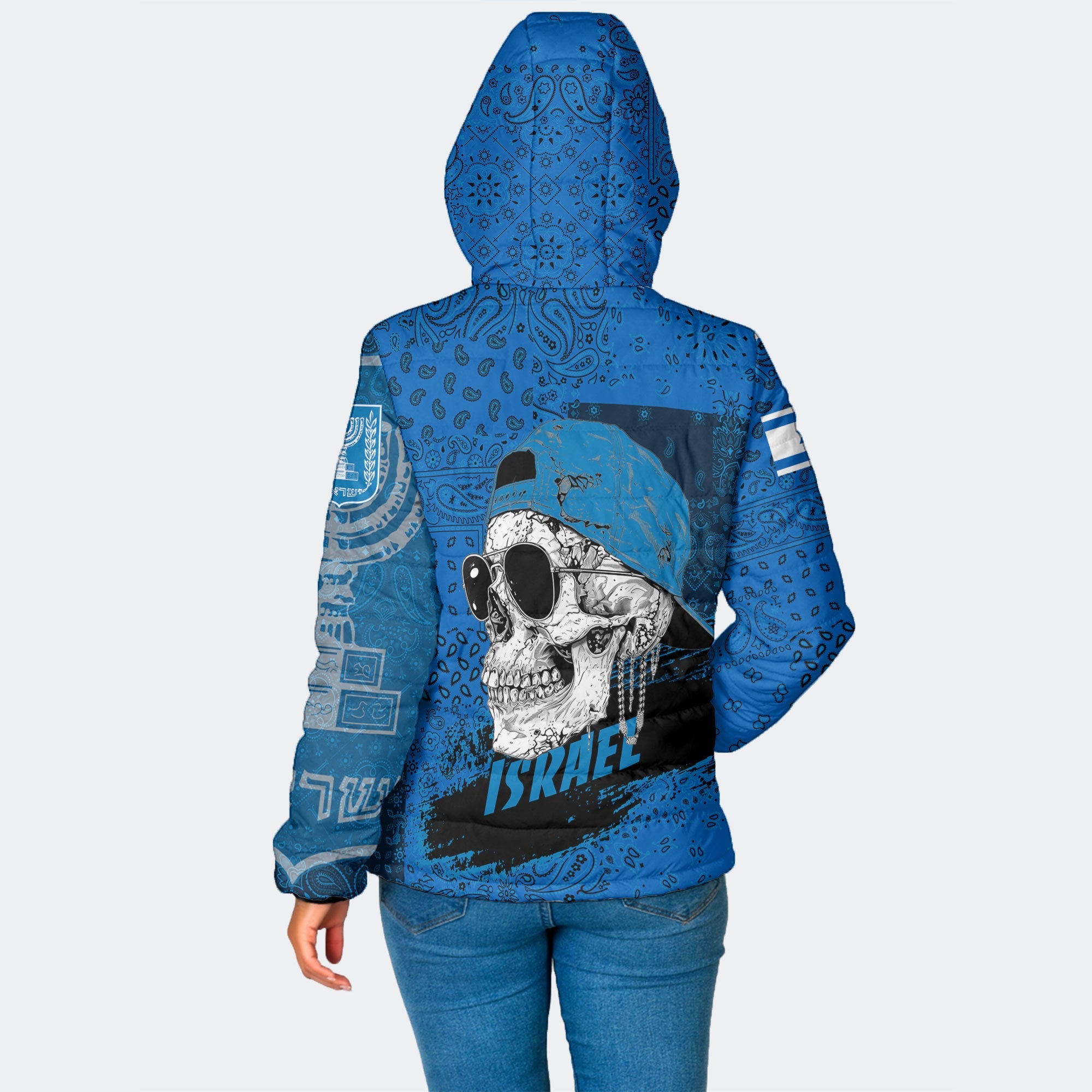 Israel Women Hooded Padded Jacket Paisley Flag And Skull Style 2