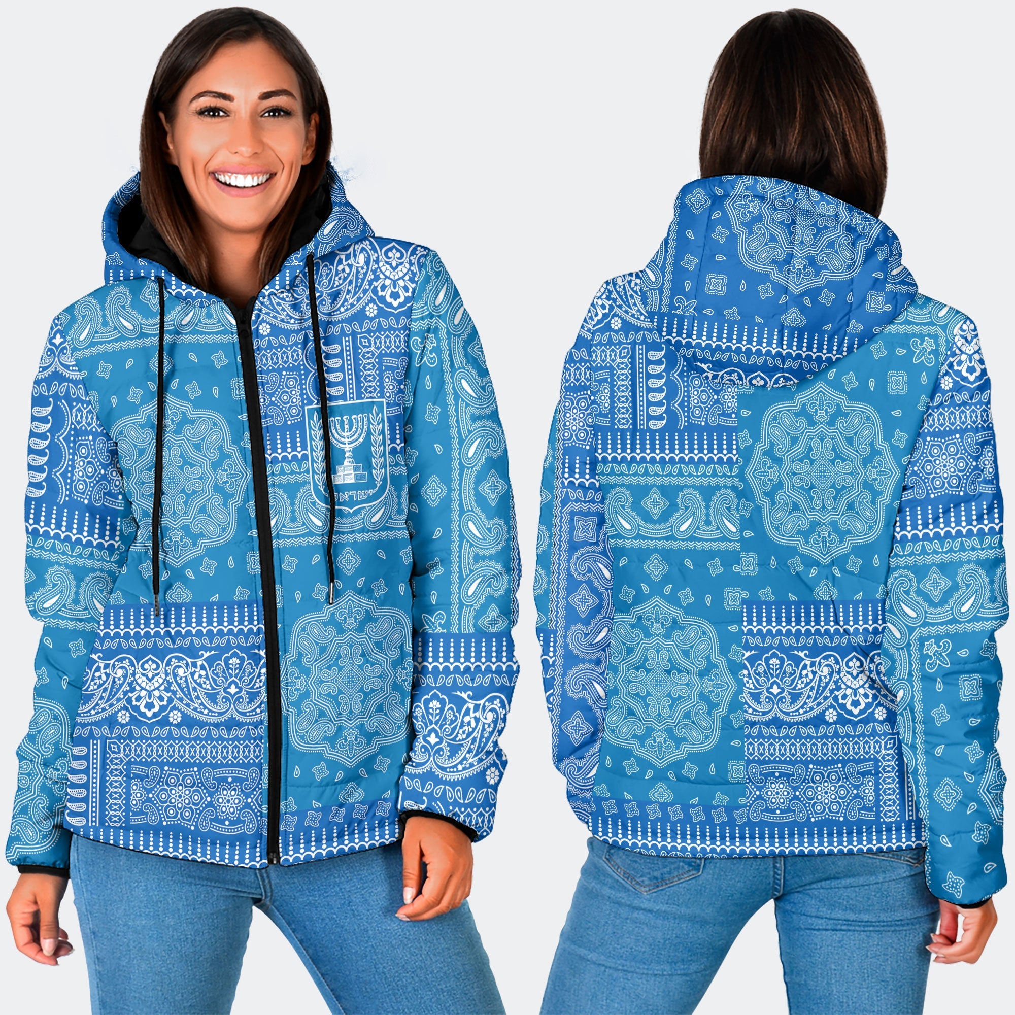 Israel Women Hooded Padded Jacket Flag And Paisley Basic Style 3