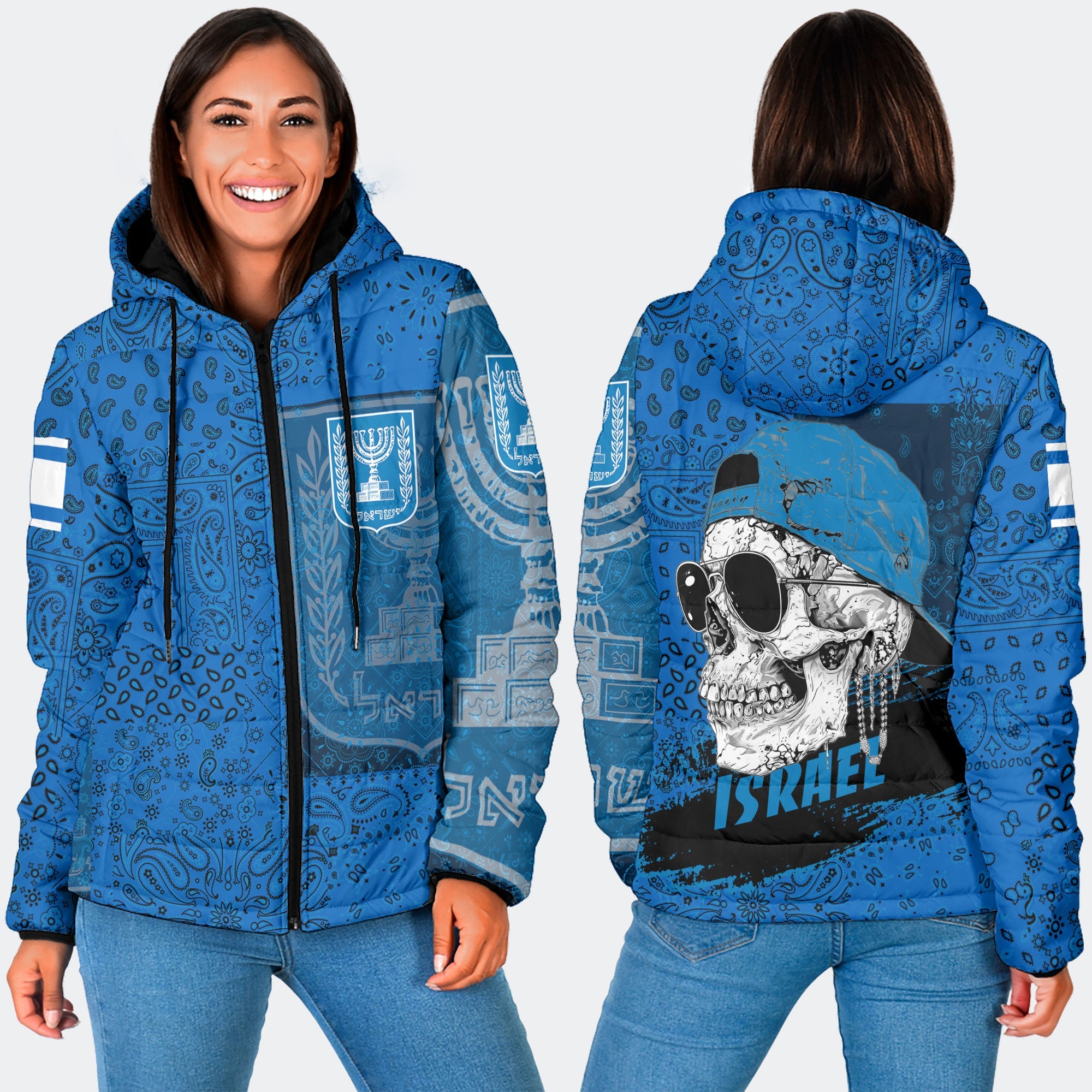 Israel Women Hooded Padded Jacket Paisley Flag And Skull Style 3