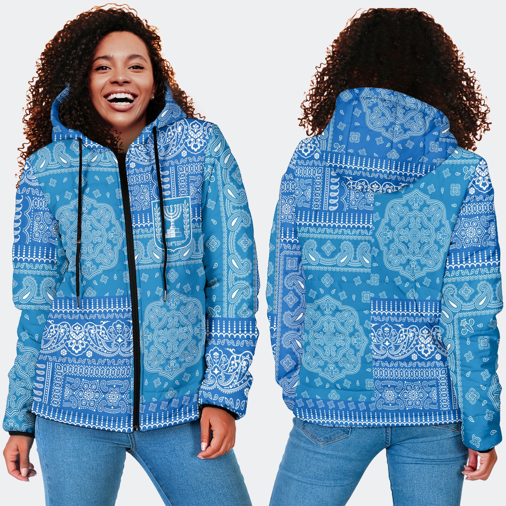 Israel Women Hooded Padded Jacket Flag And Paisley Basic Style 4