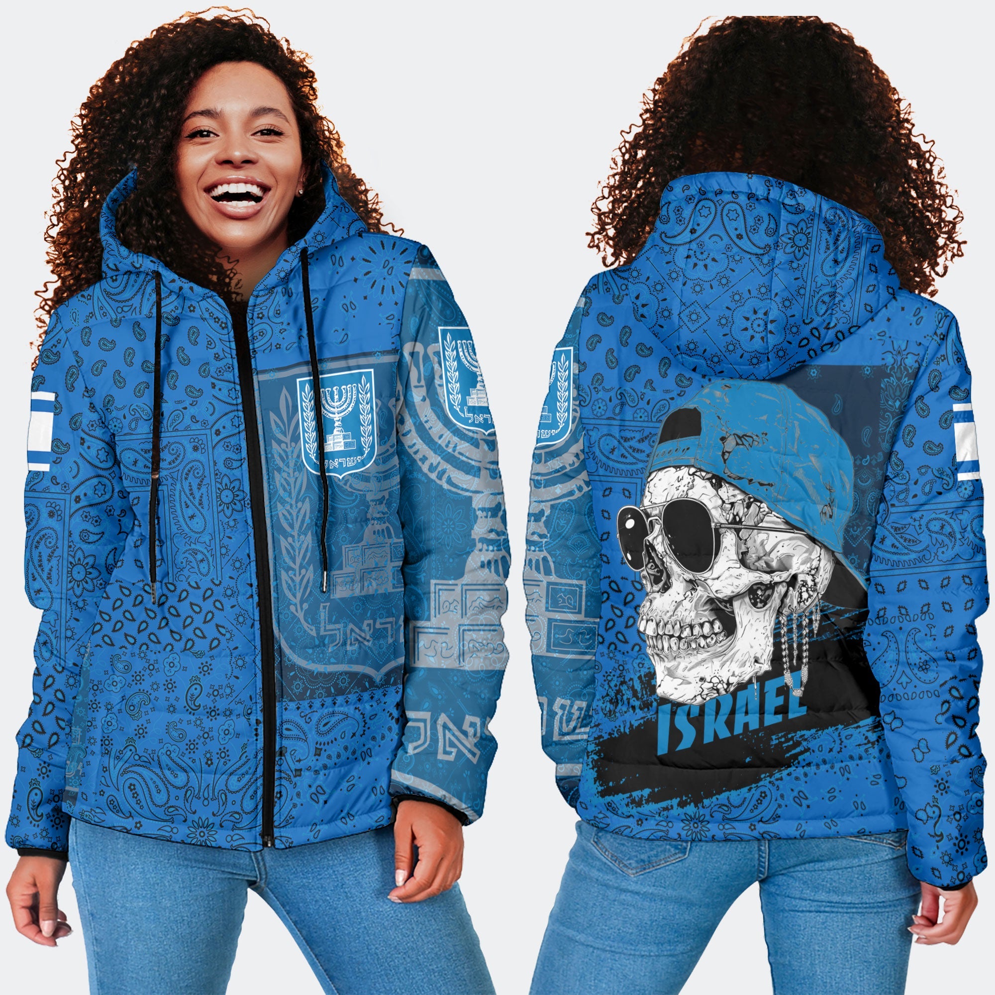 Israel Women Hooded Padded Jacket Paisley Flag And Skull Style 4