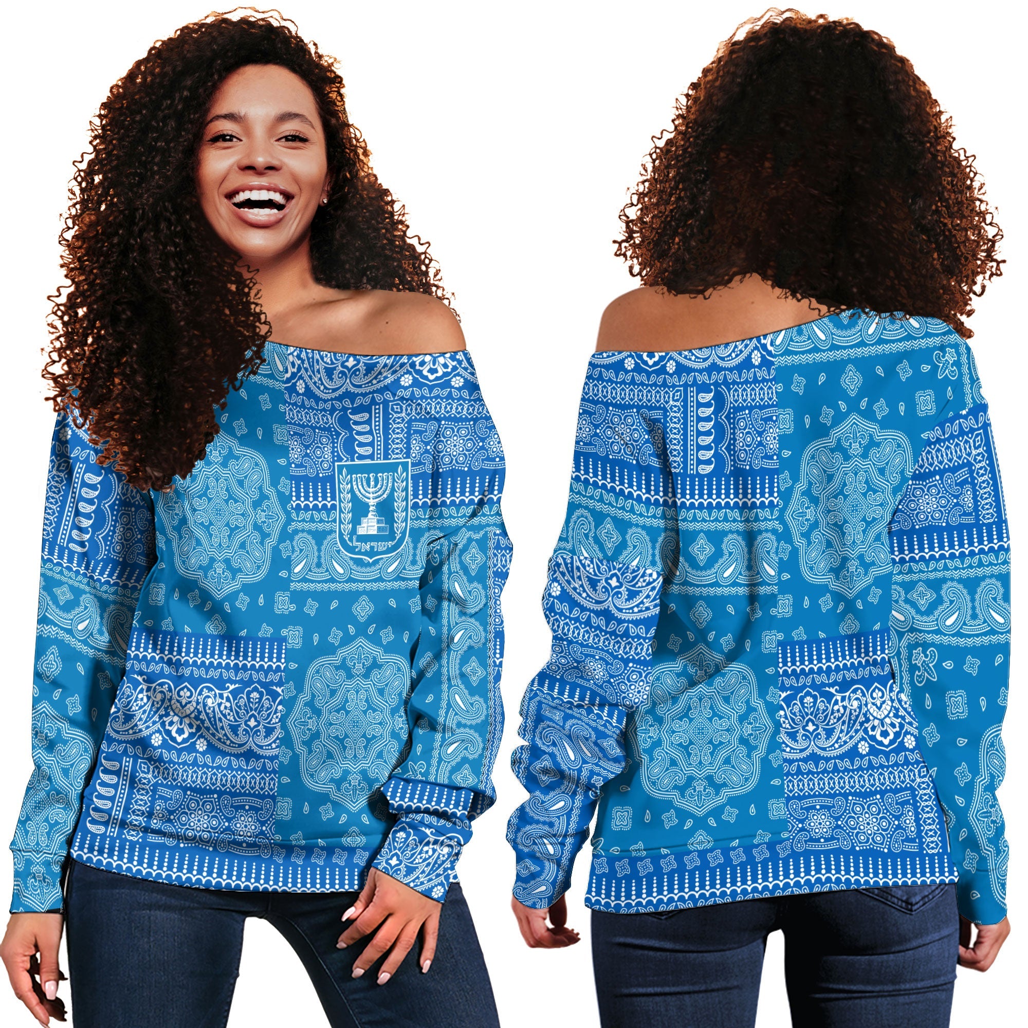 Israel Women Off Shoulder Sweatshirt Flag And Paisley Basic Style 1