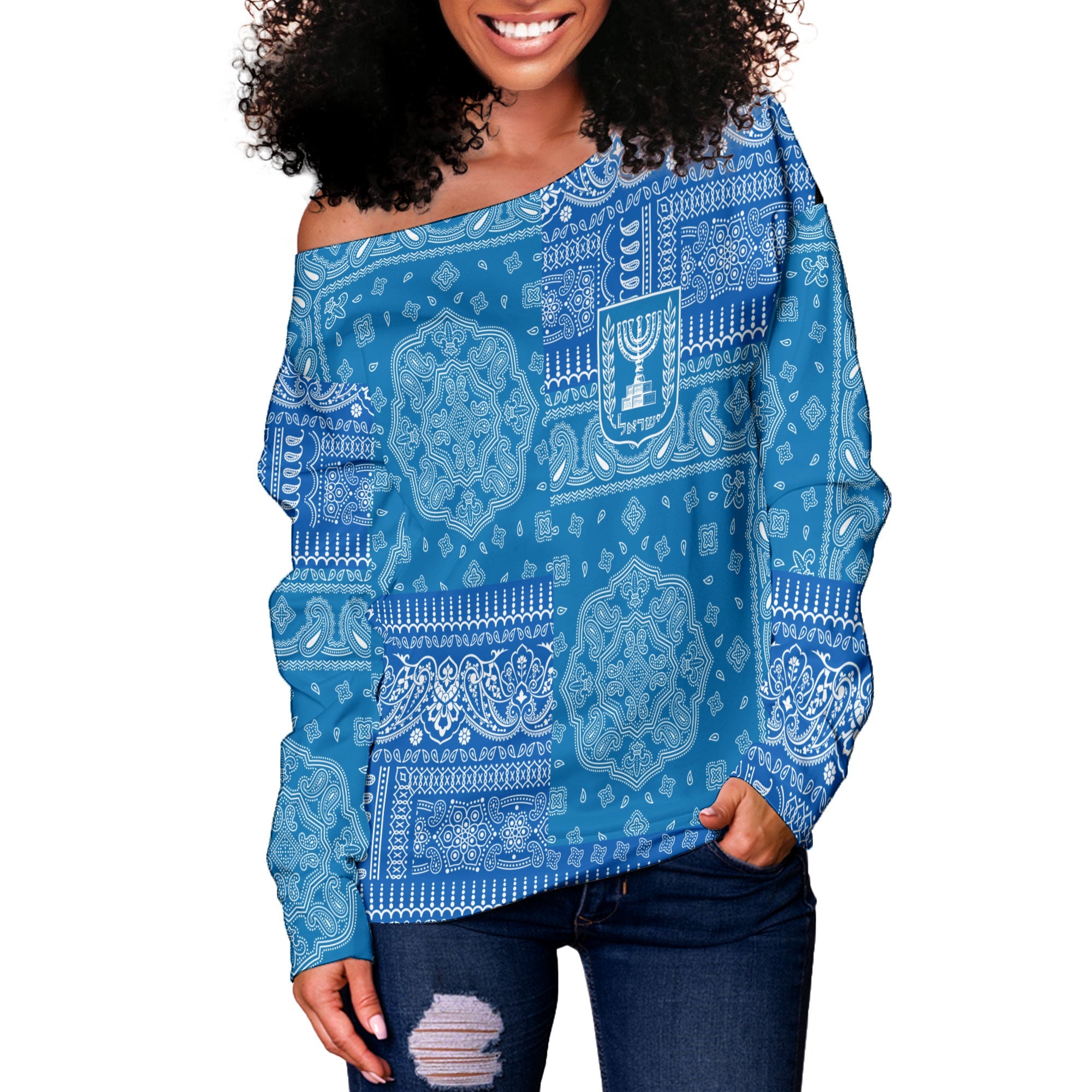 Israel Women Off Shoulder Sweatshirt Flag And Paisley Basic Style 2