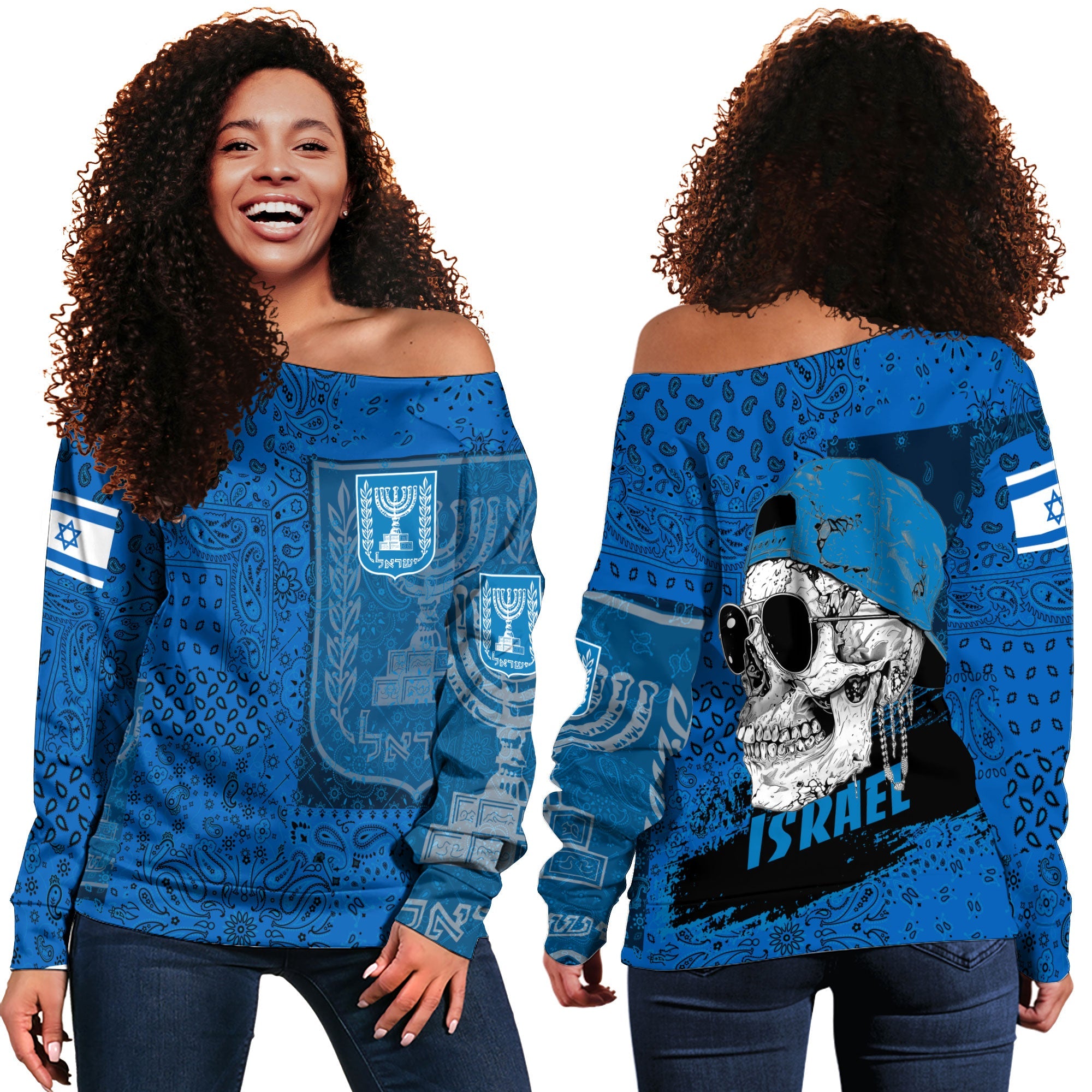 Israel Women Off Shoulder Sweatshirt Paisley Flag And Skull Style 1