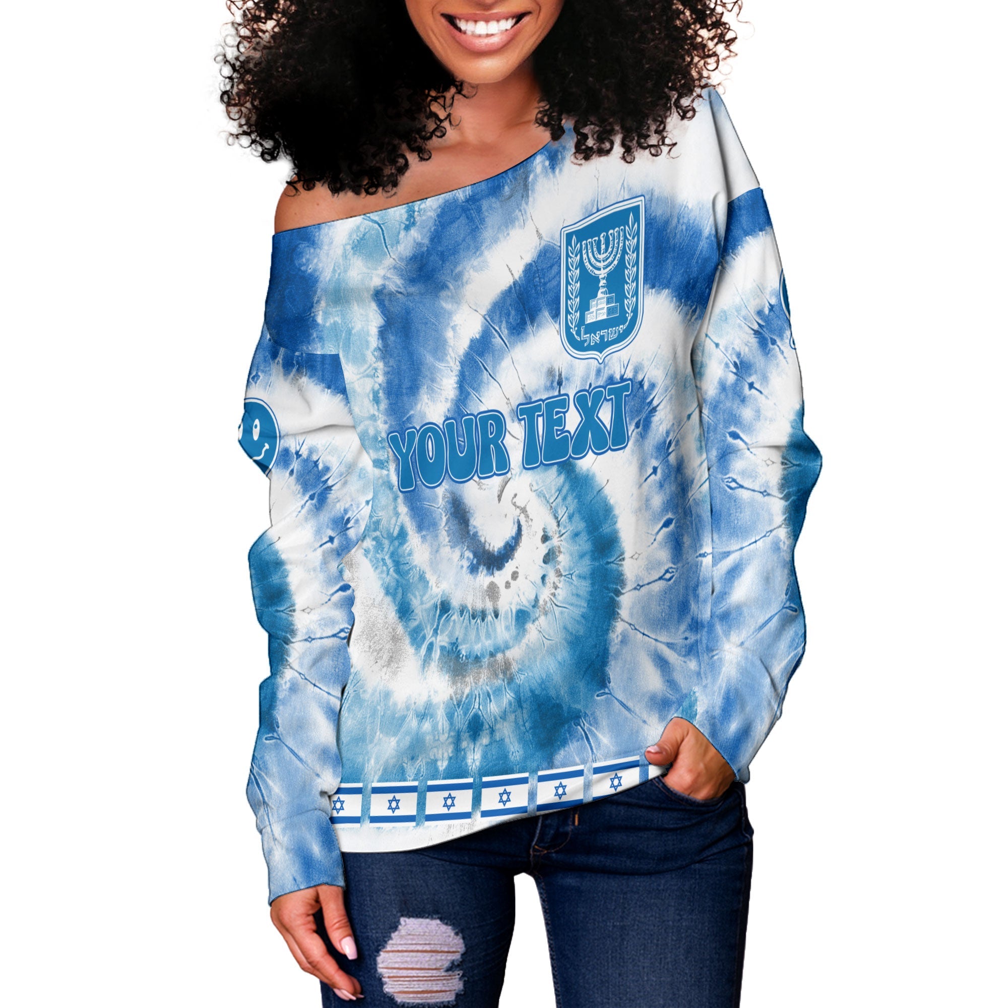 Israel Women Off Shoulder Sweatshirt Custom Tie Dye Style 3