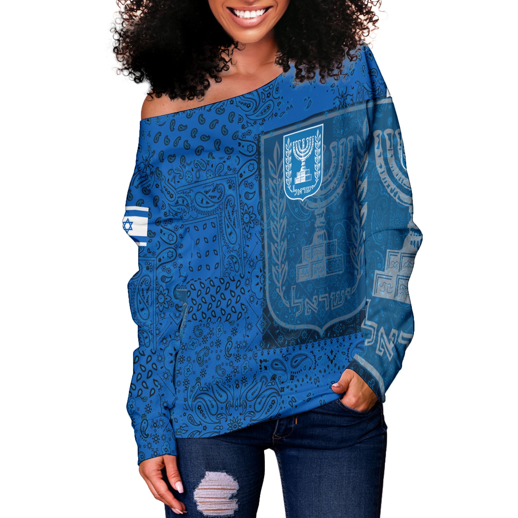 Israel Women Off Shoulder Sweatshirt Paisley Flag And Skull Style 2