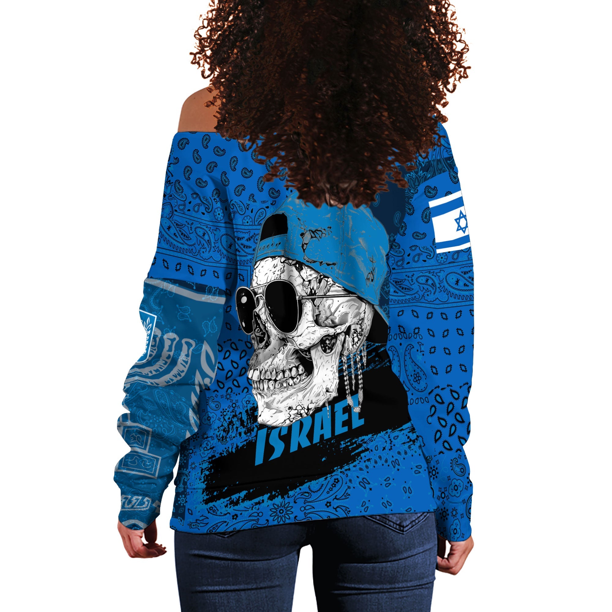 Israel Women Off Shoulder Sweatshirt Paisley Flag And Skull Style 3