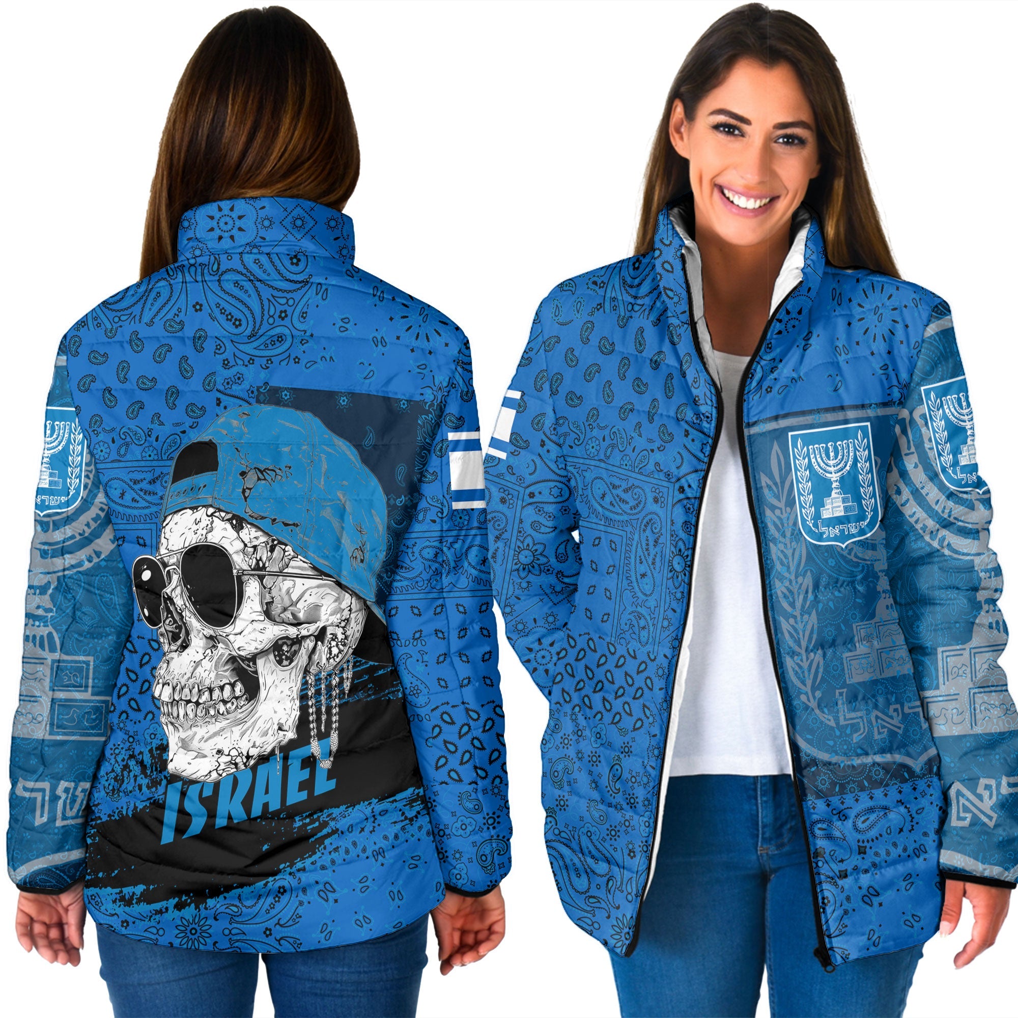 Israel Women Padded Jacket Paisley Flag And Skull Style 3